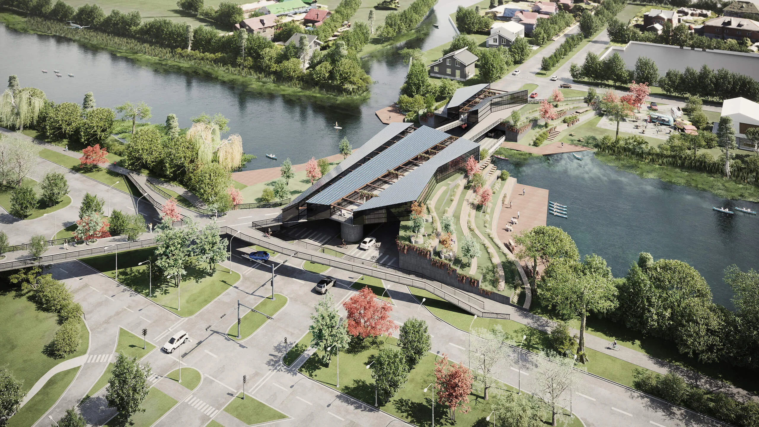 Modern bridge over a river with landscaped banks, captured in an aerial composition with dynamic camera angles in a 3D visualization.
