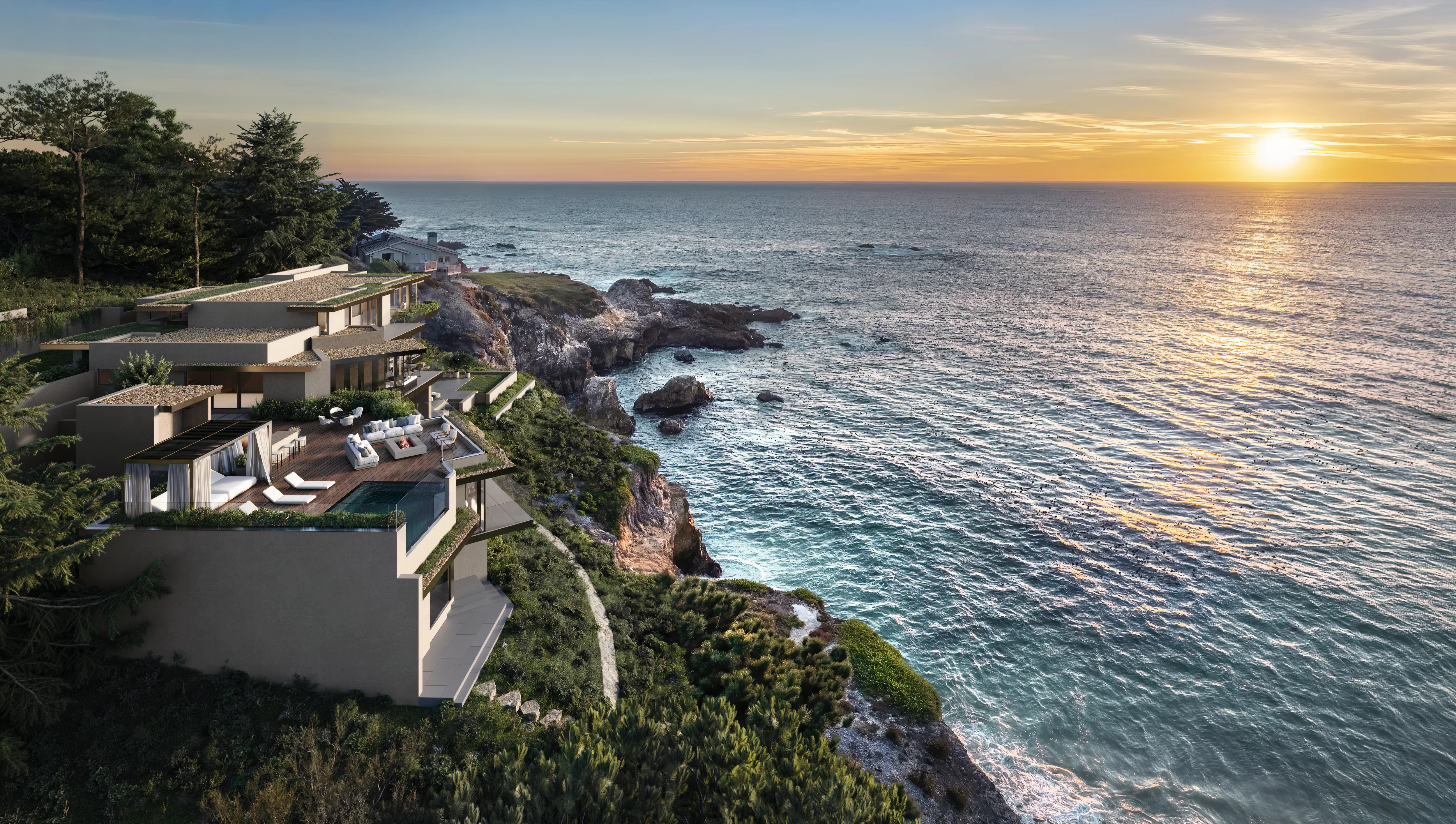 Coastal cliffside residences overlooking the sea at sunrise, shown in a detailed 3D render with warm atmosphere.