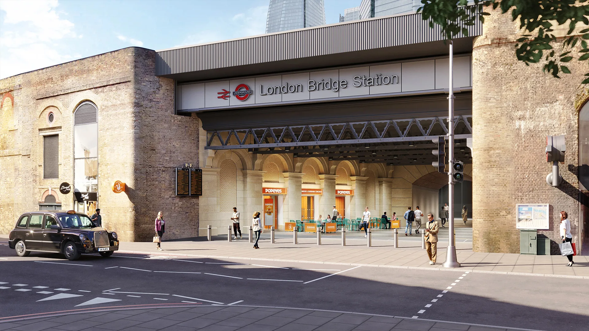 Urban transport station entrance with historic brick arches, signage, and pedestrians shown in a detailed 3D visualization.