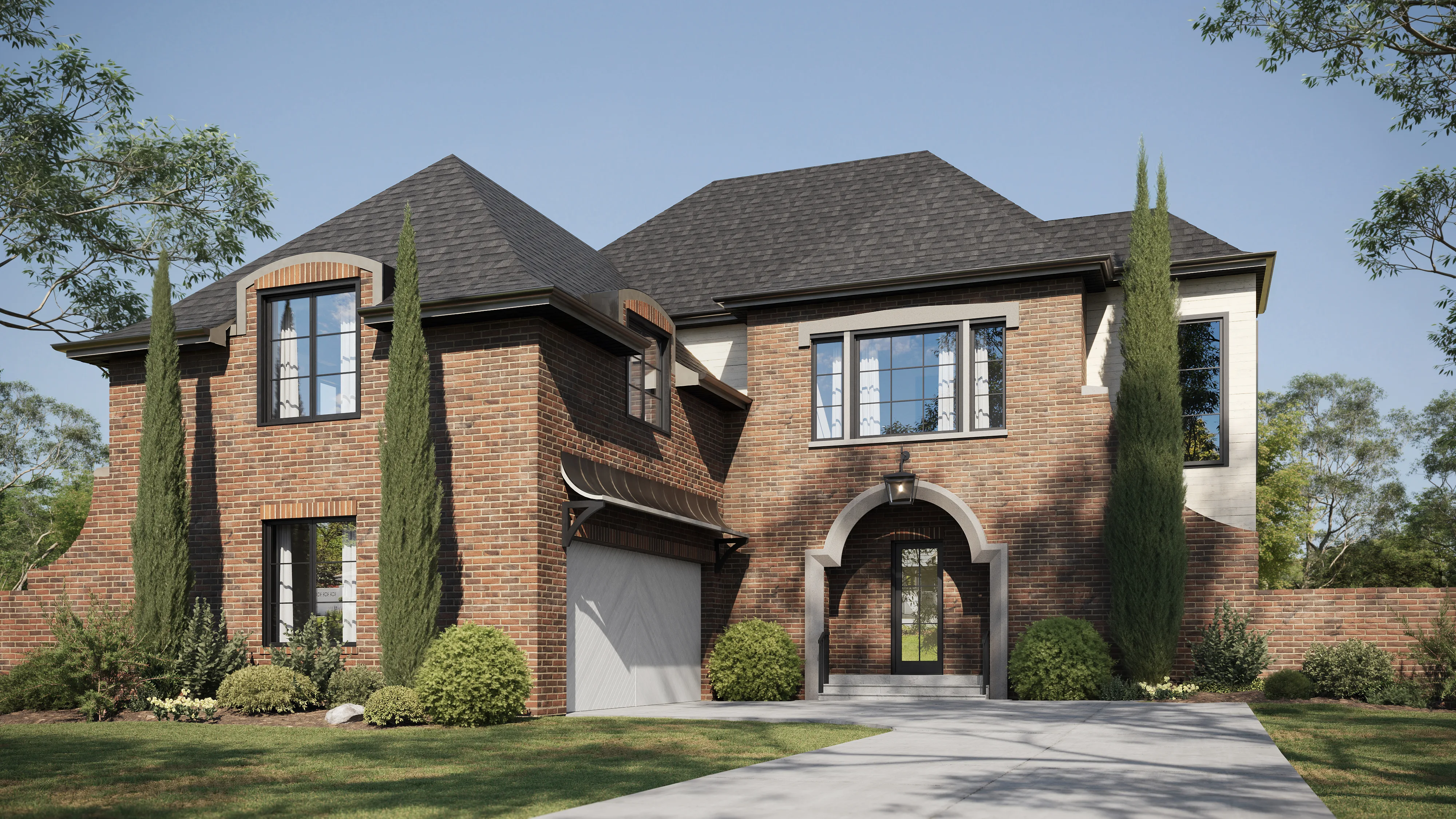 Brick house with garage and arched entry shown in architectural visualization with landscaped yard and driveway