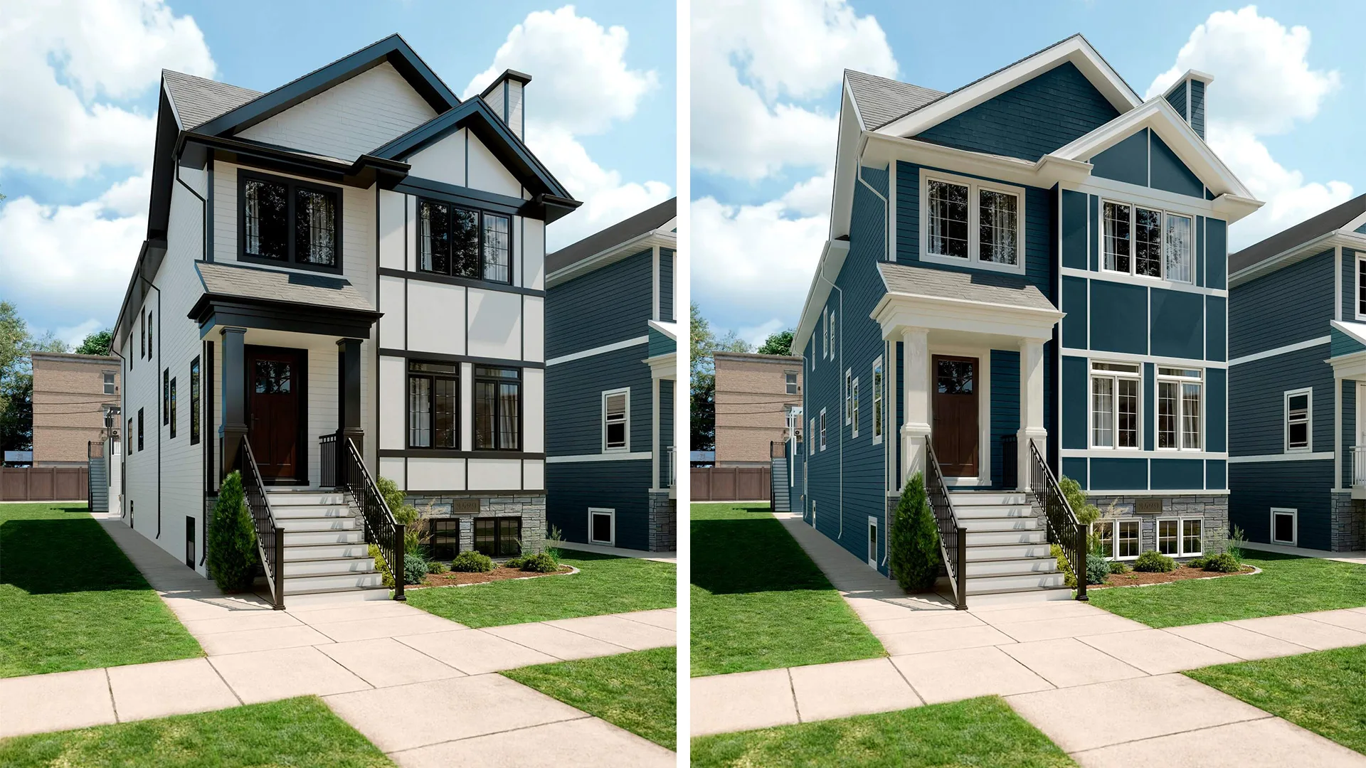 Two side by side house designs with different exterior cladding materials shown in architectural visualization comparison