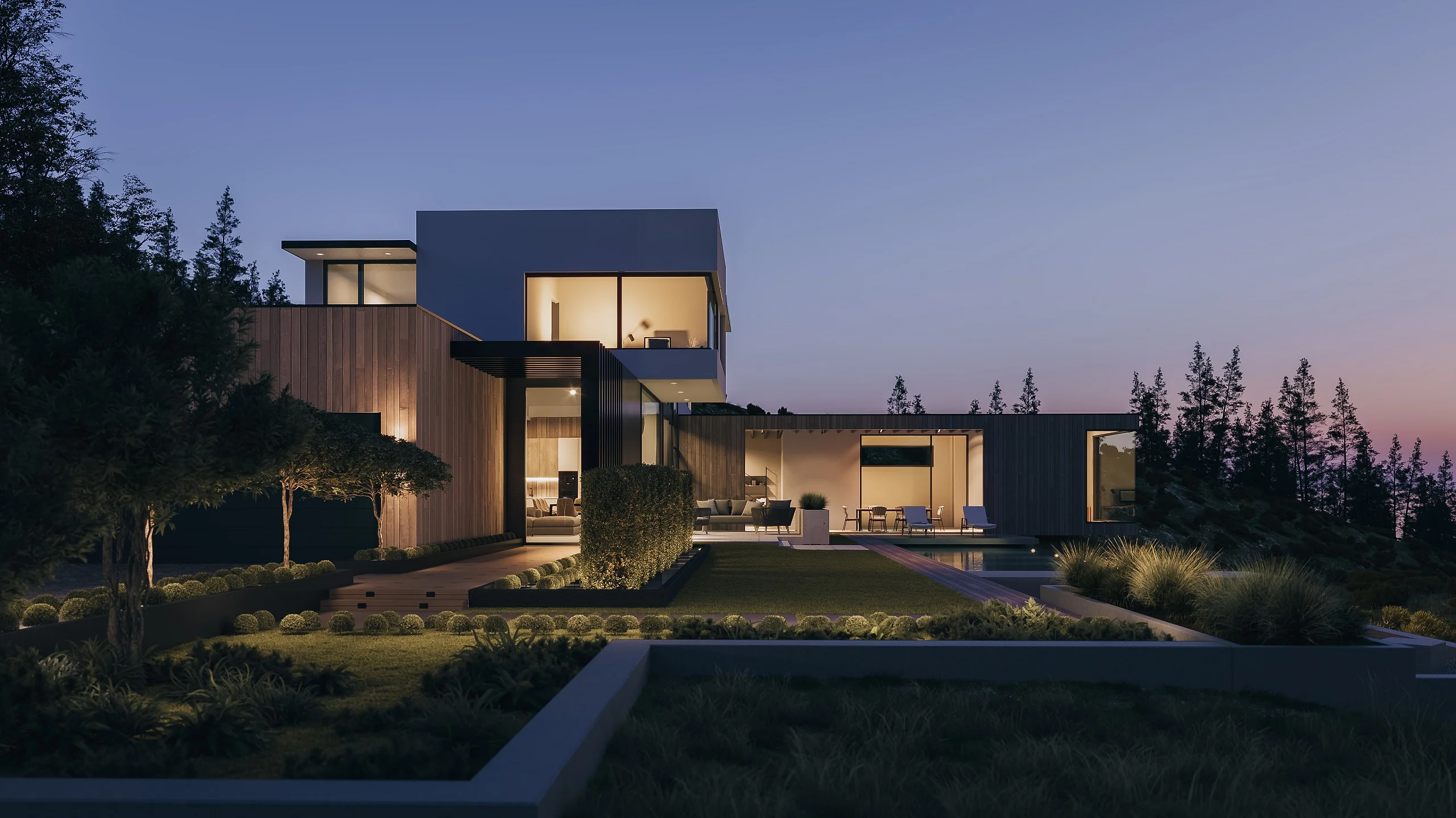 Modern forest villa with large glass volumes and warm interior lighting presented in a dusk 3D visualization.
