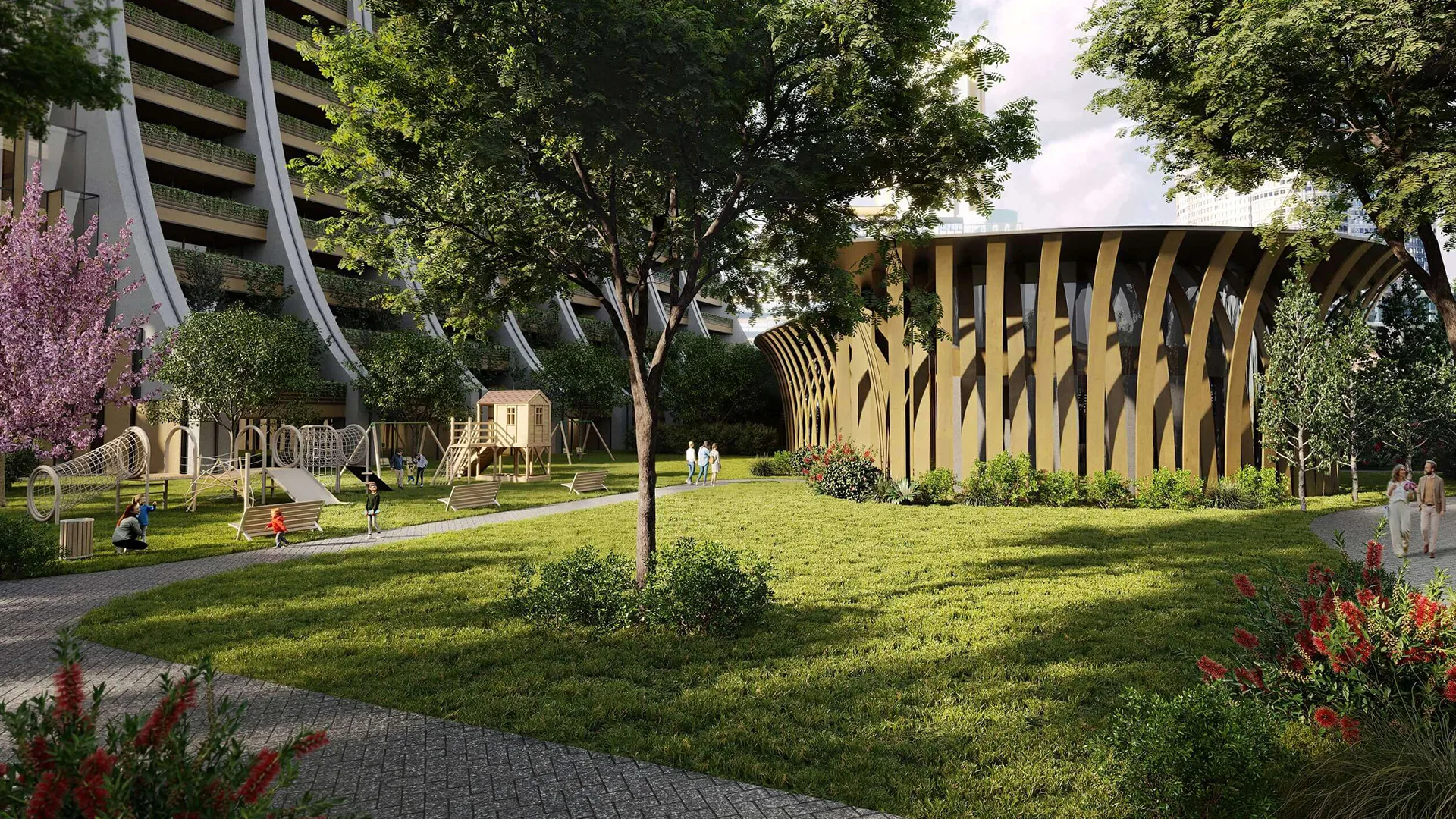 Urban park with playground, trees, pathways, and sculptural pavilion surrounded by residential buildings in a 3D render.