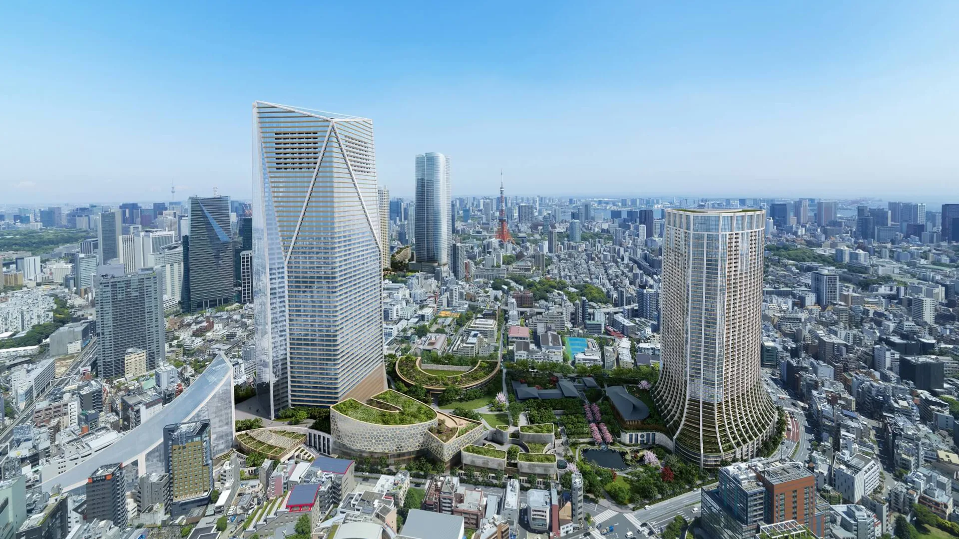 Expansive city skyline featuring high-rise towers and integrated green terraces captured in a detailed 3D visualization.