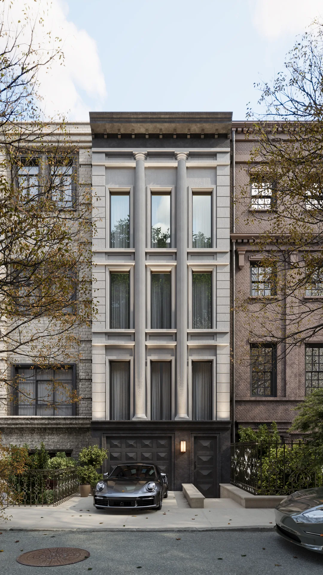 3D visualization of a luxury exterior townhouse in NYC with classic columns and modern facade design