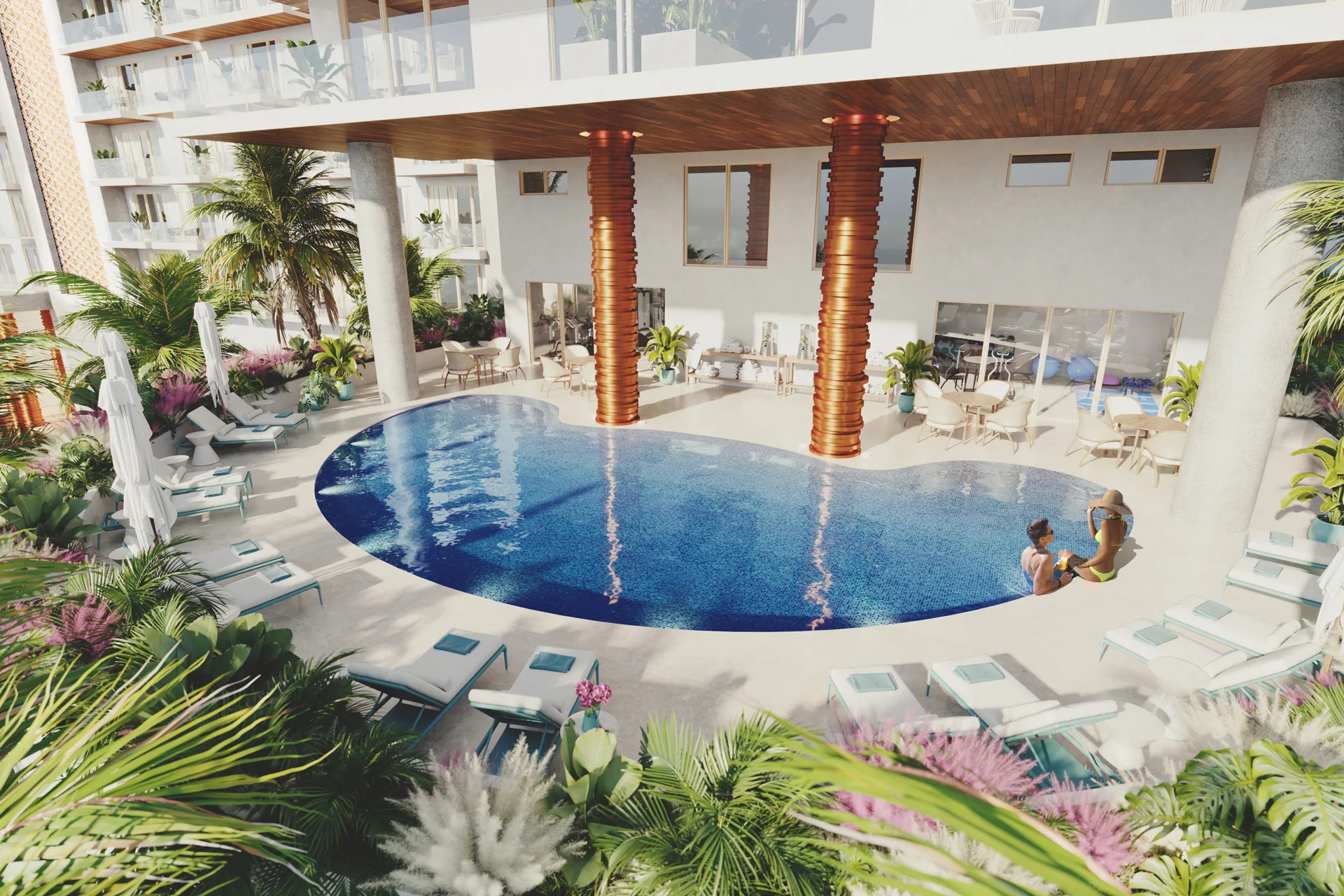 3D rendering of a hotel courtyard pool with organic shape, copper columns, tropical landscaping, and sun loungers