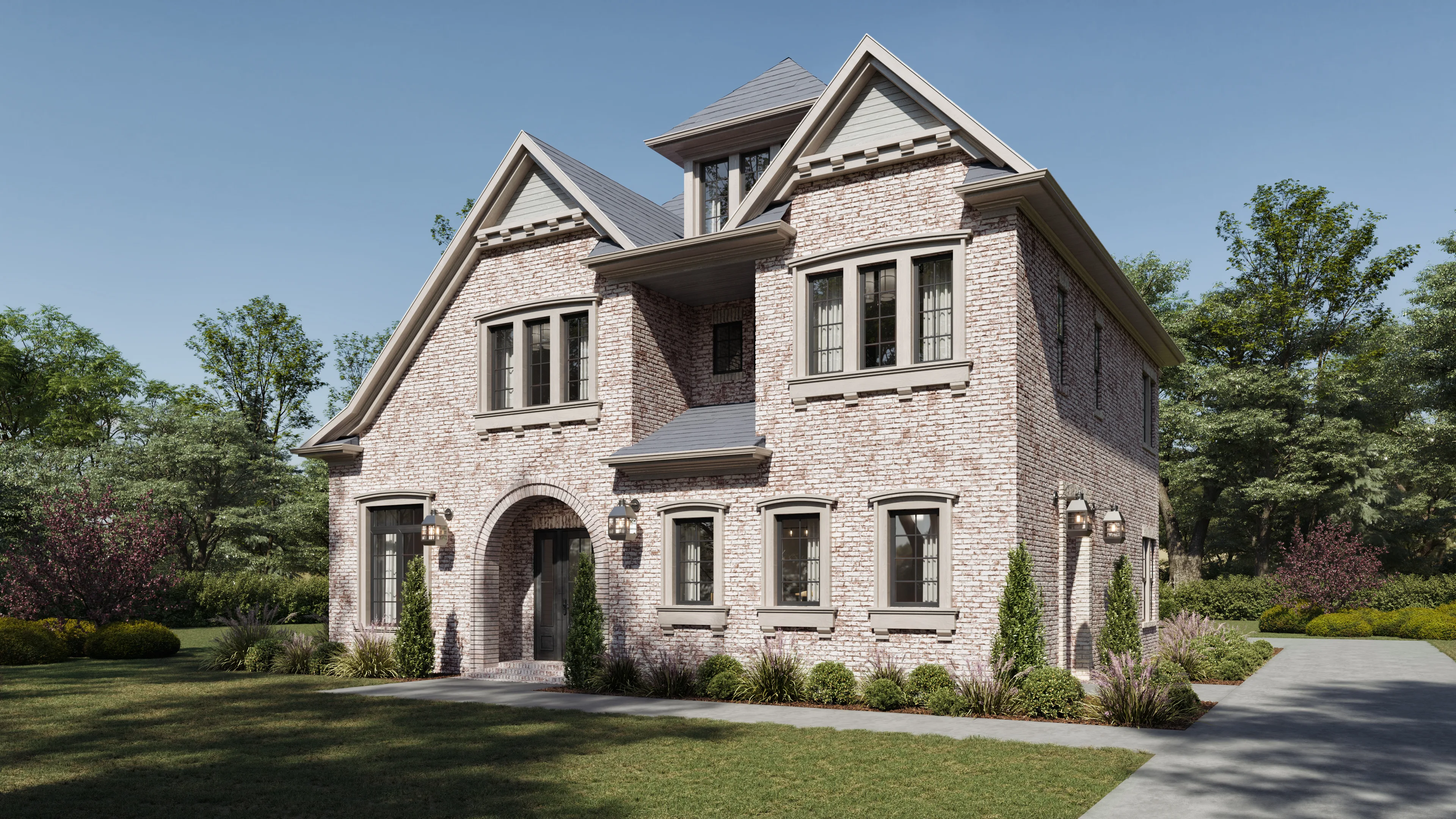 Exterior rendering of a light brick home with steep gables, arched doorway, and manicured front lawn