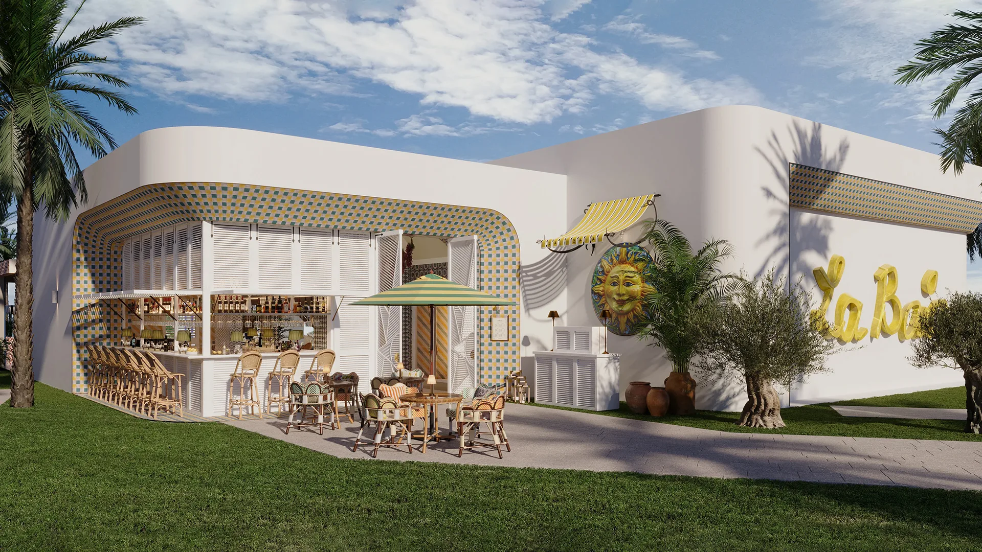Stylish café with outdoor seating, patterned facade, and bar counter set within a landscaped environment in a 3D render.