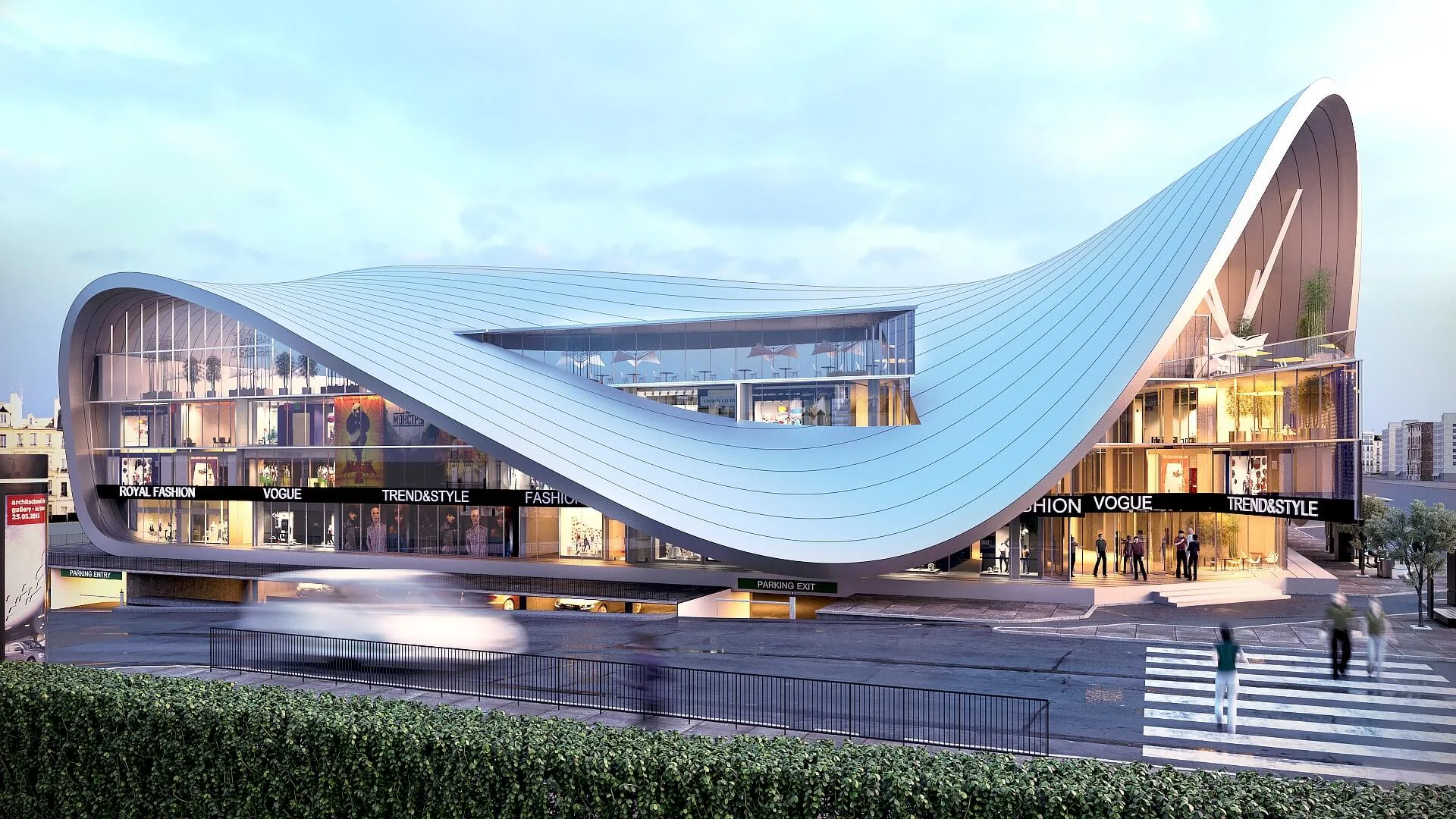 Modern retail building with flowing curved roof, glass facade, and illuminated storefronts shown in a vibrant 3D visualization.