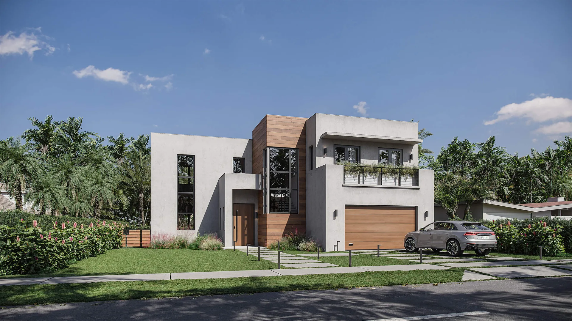 Contemporary single-family home with flat roofs, garage, and landscaped yard presented in a high-quality 3D render.