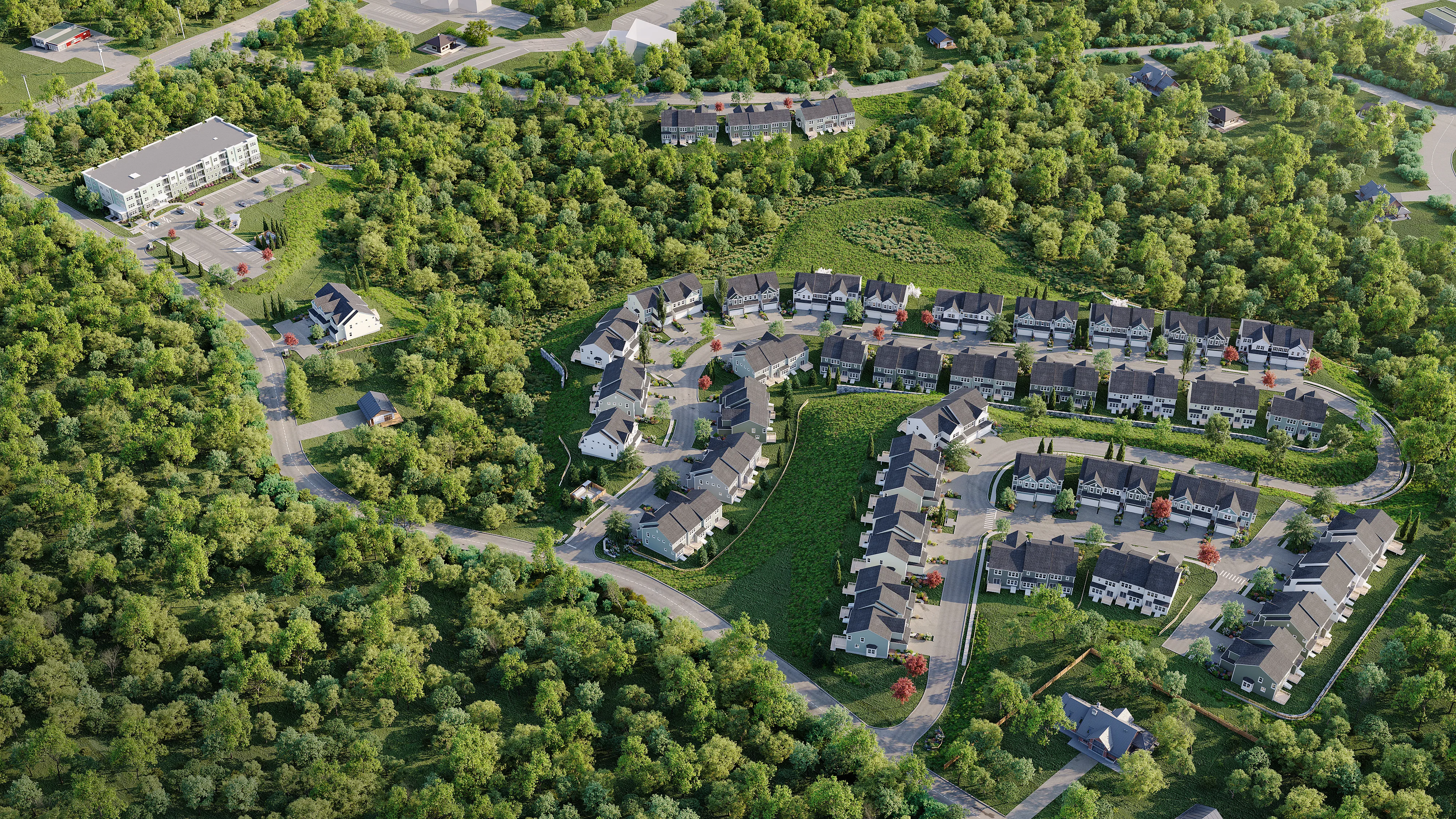 Planned suburban neighborhood with rows of houses surrounded by dense greenery presented in a photorealistic 3D render
