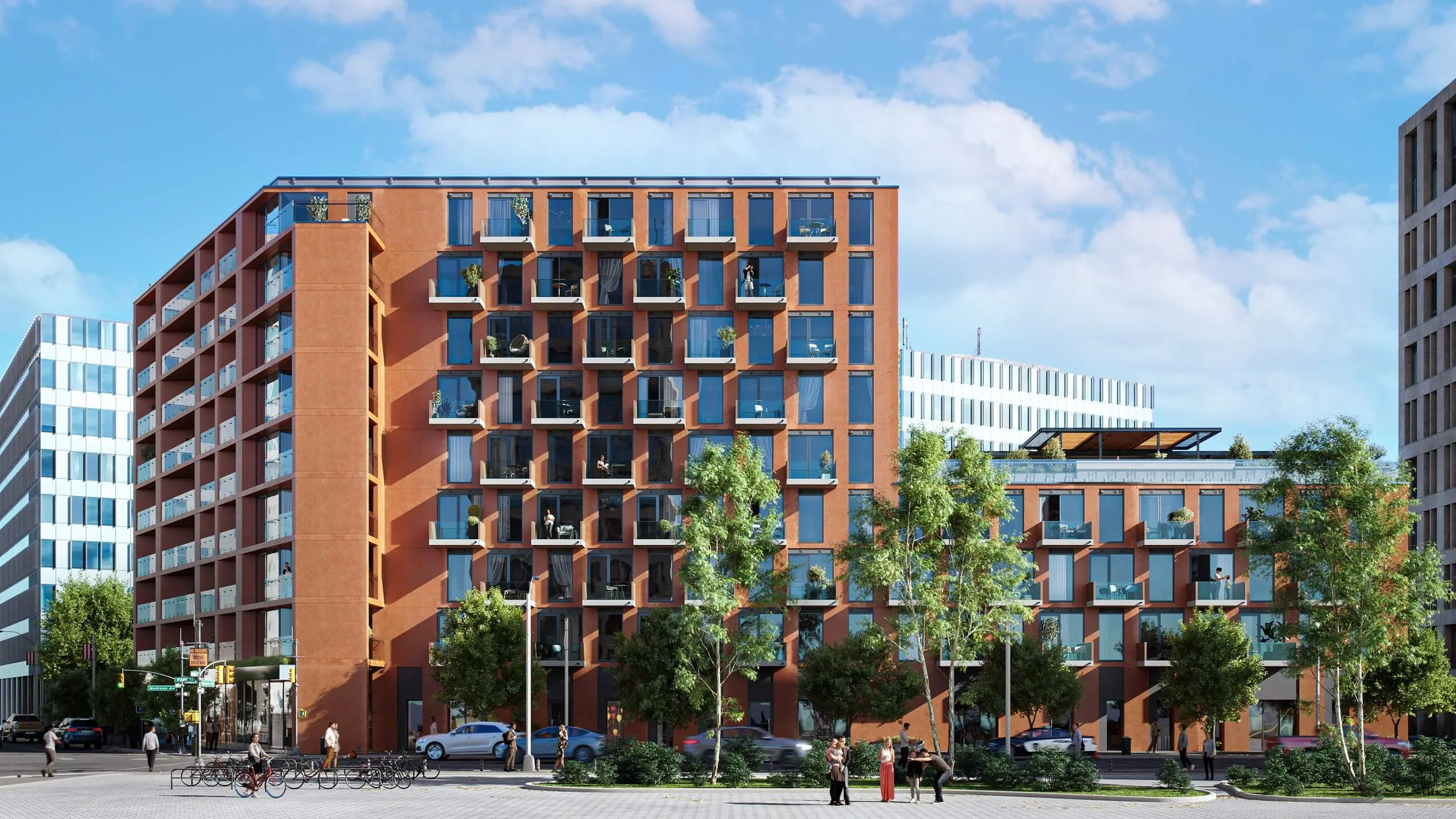 Mid-rise apartment building shown at street level with a wide camera angle in a 3D rendering.