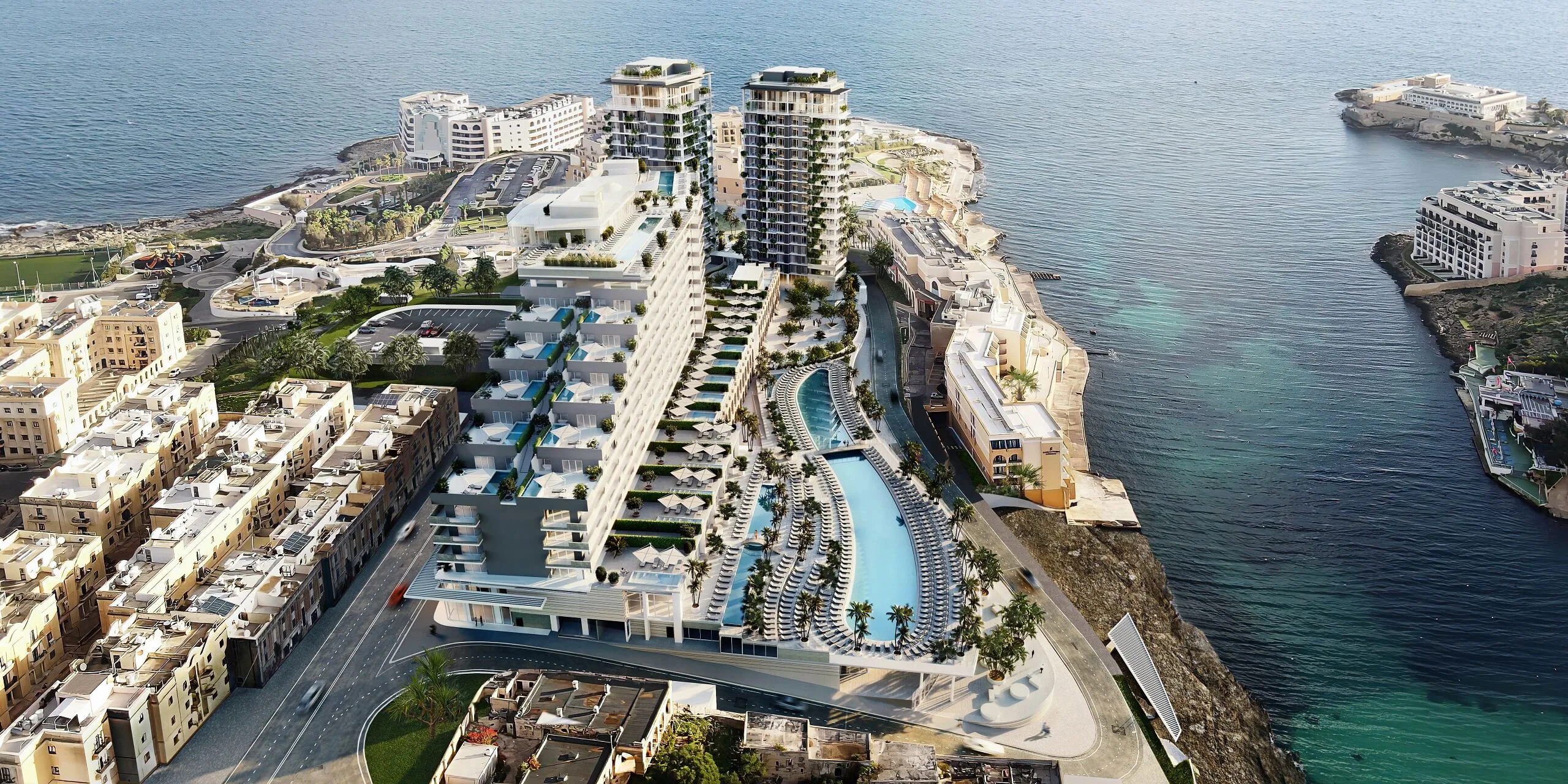 Modern waterfront hotel resort with curved architecture and pools extending toward the sea shown in a realistic 3D visualization