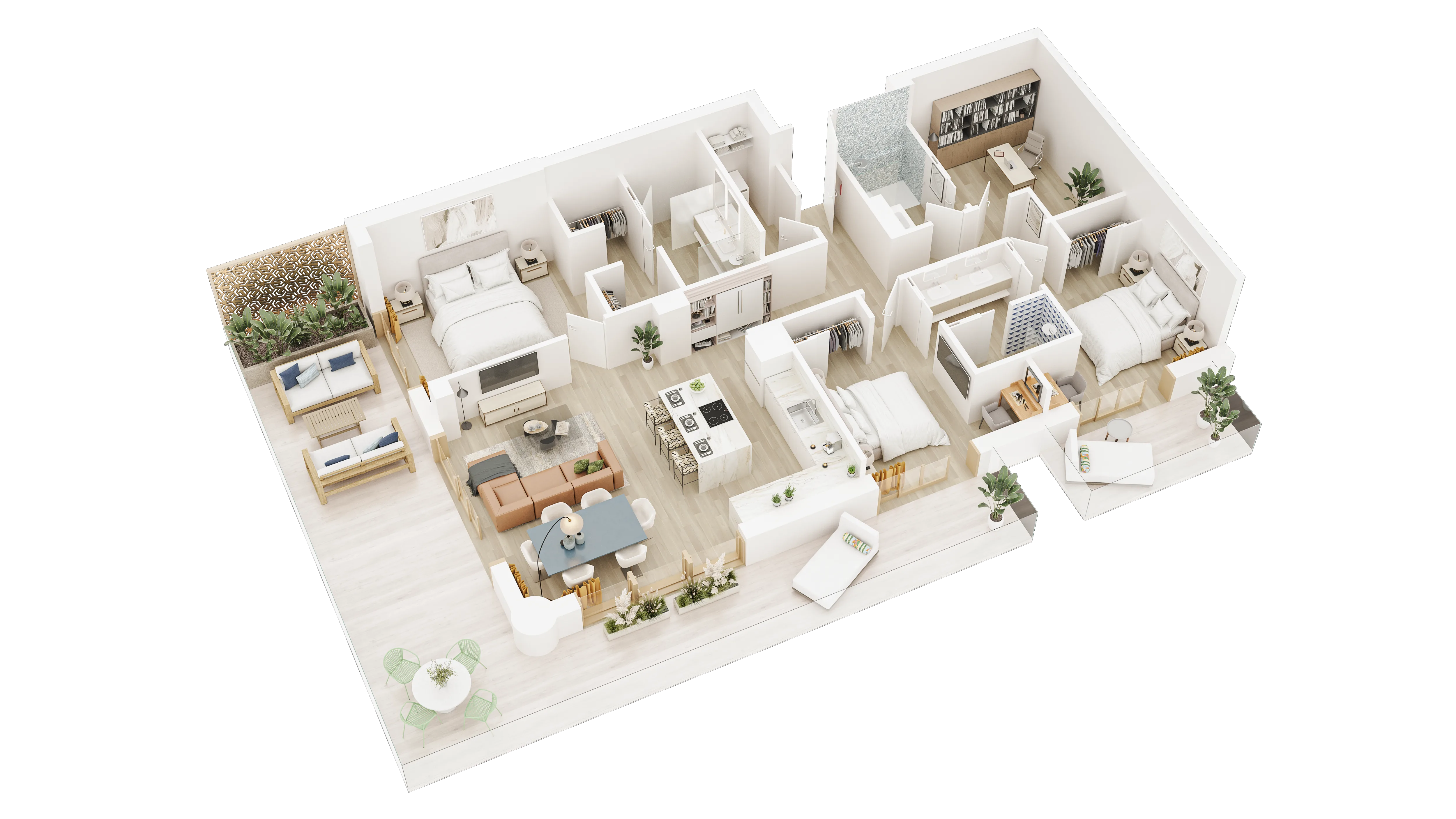Apartment layout with furniture, multiple rooms, and balcony areas in a 3D floor plan rendering for an NYC property