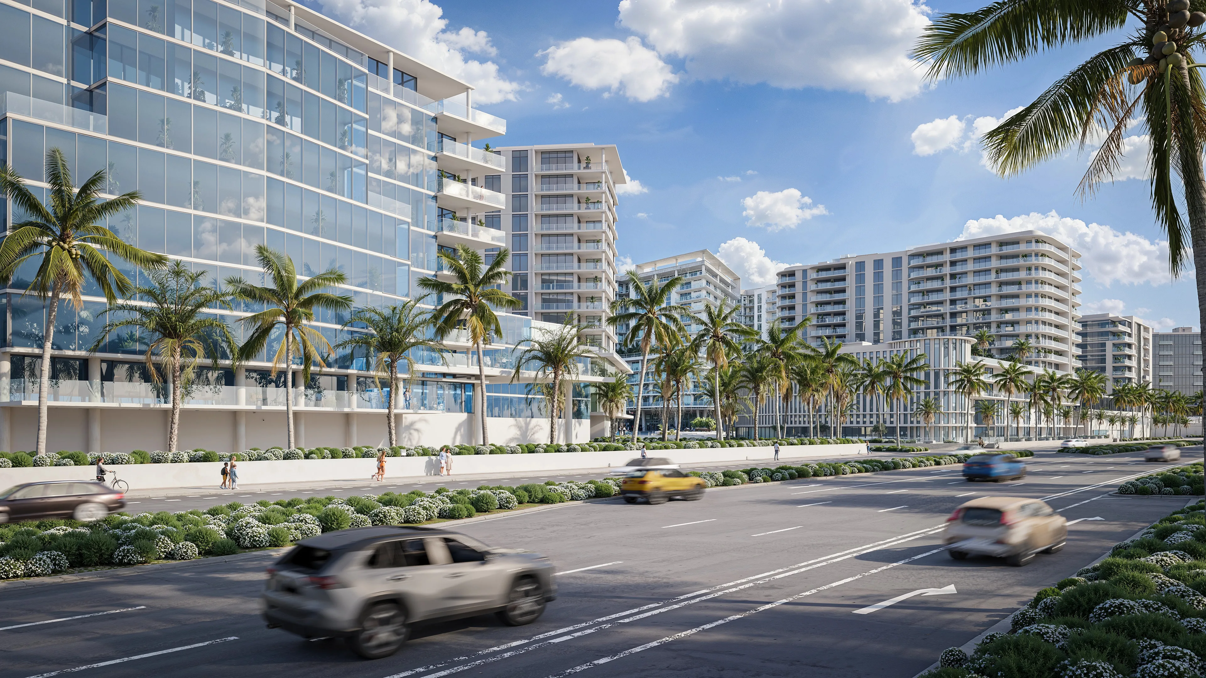 Curved beachfront hotel towers with glass balconies, palm-lined roads, and bright daylight in a polished 3D visualization.
