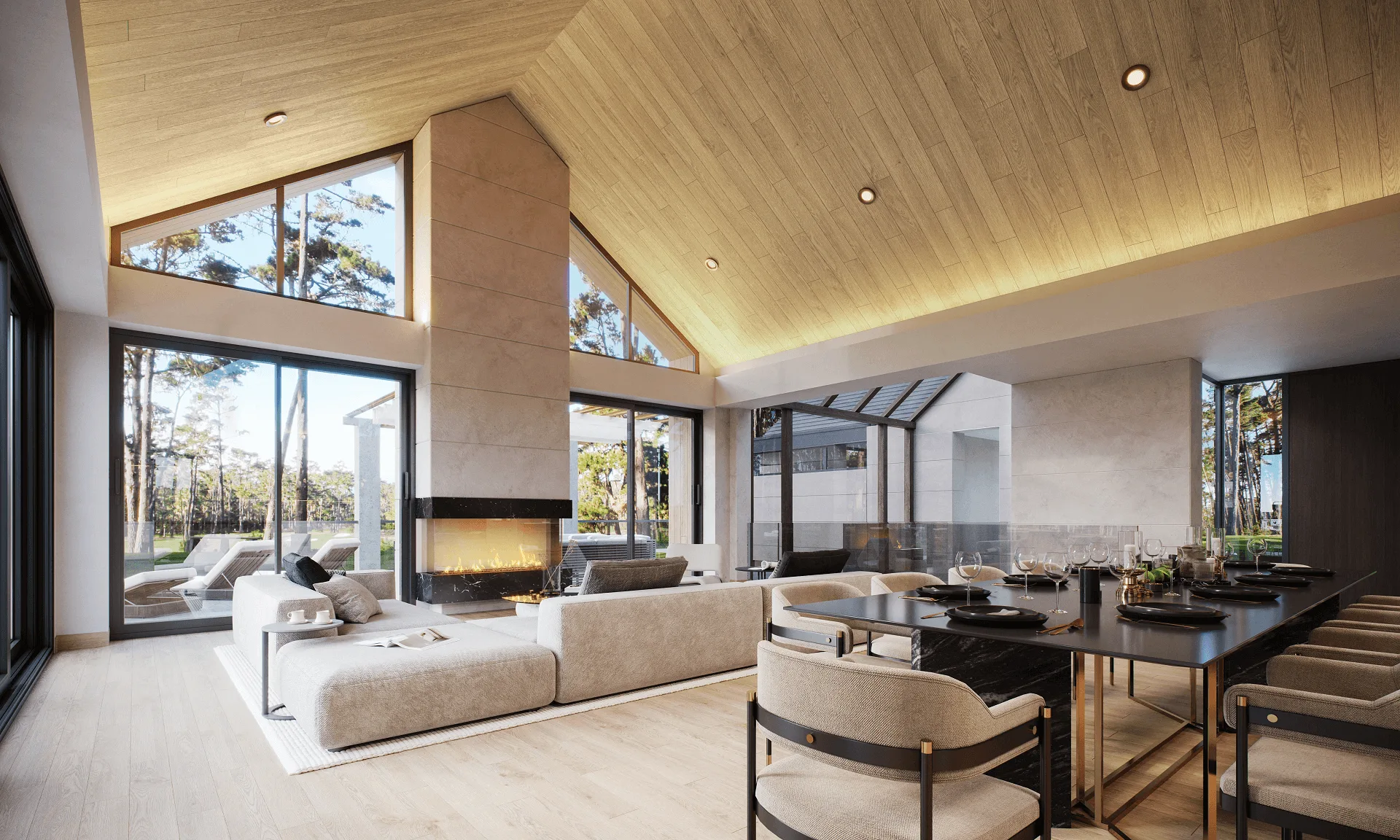 3D living room rendering — multi-purpose zoning