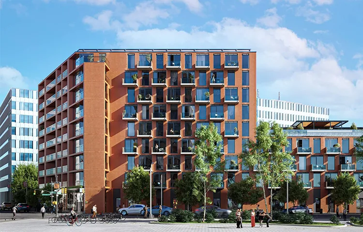 A brick apartment building with balconies rises above a landscaped city street in an architectural rendering
