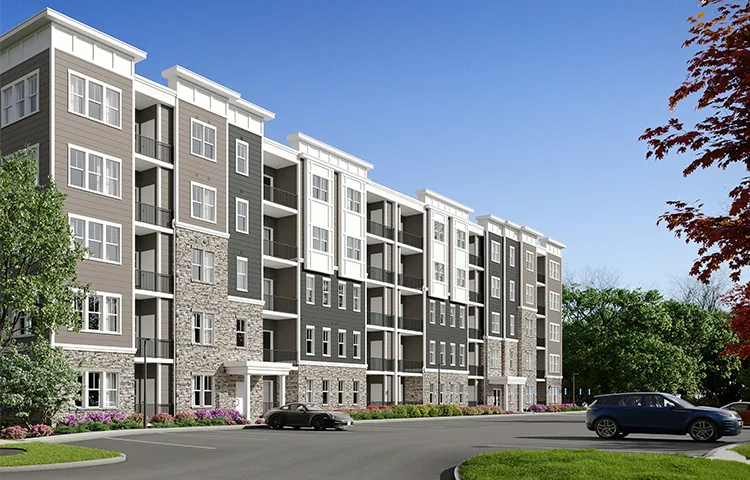 A multi-story apartment complex with stone accents and parking displayed in an architectural 3D visualization