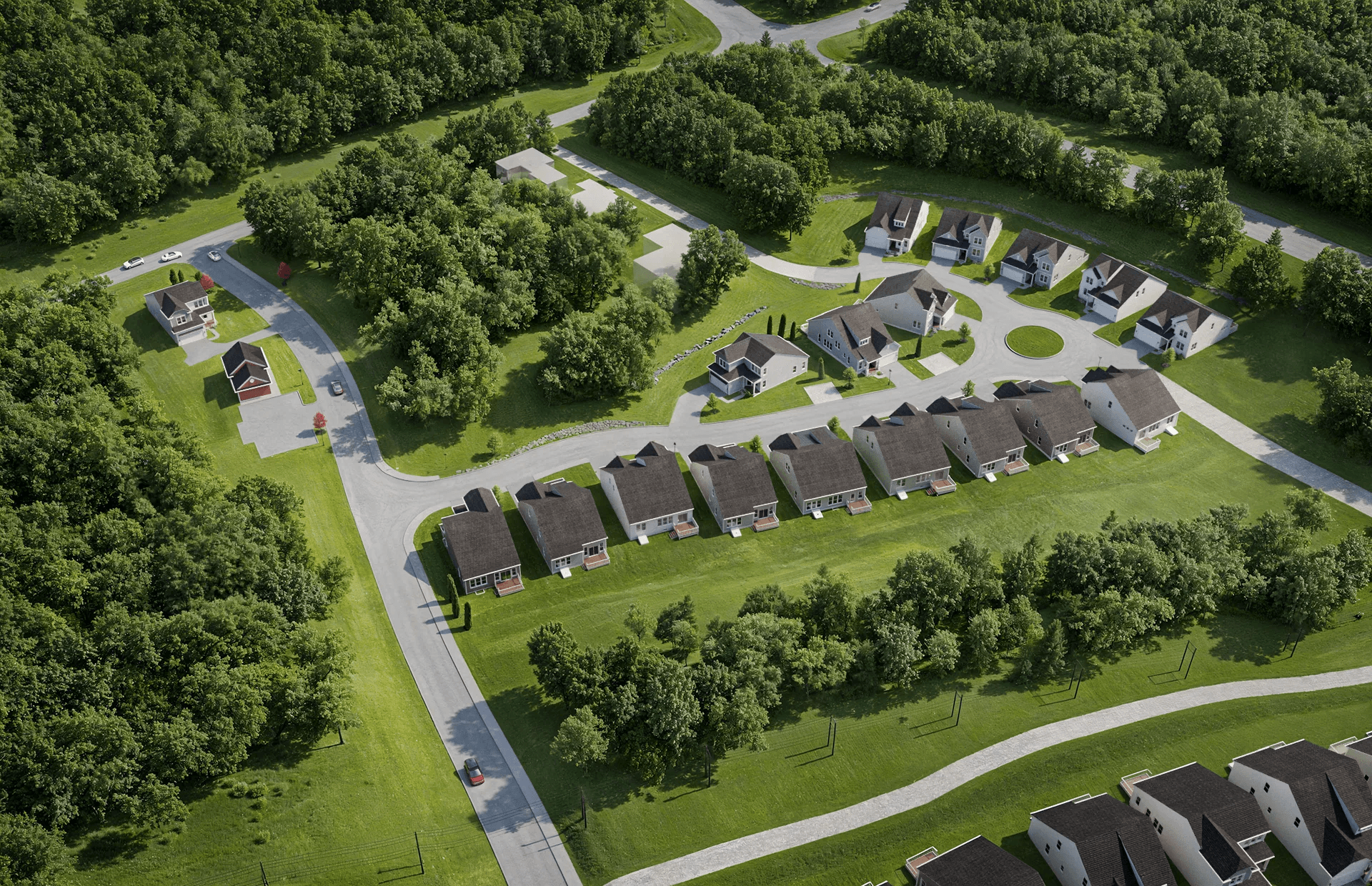 Architectural 3D render of a residential community from an aerial view showing houses, roads, and landscaping