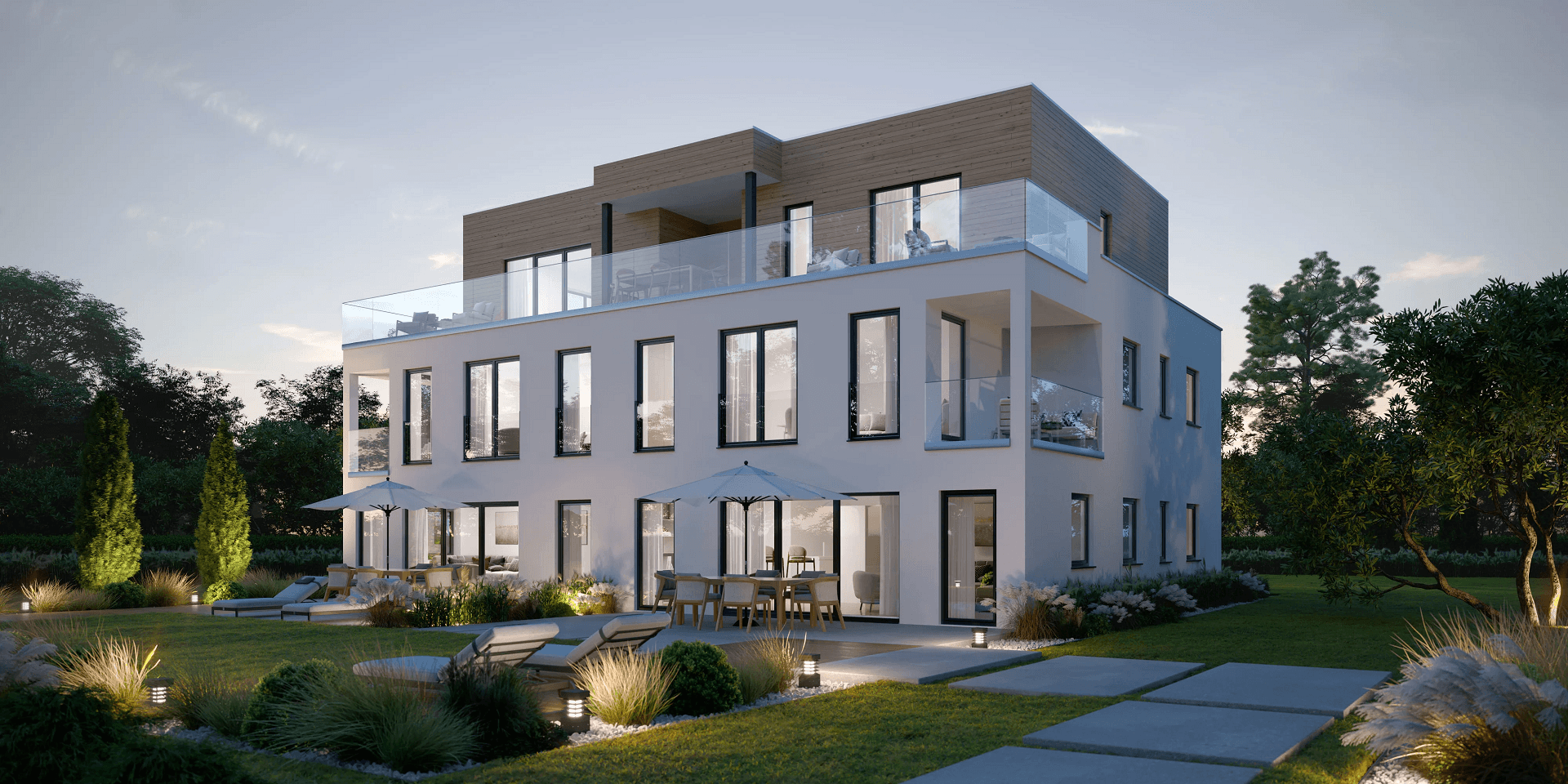 Architectural 3D render of a modern multi-story home exterior with garden lighting at dusk