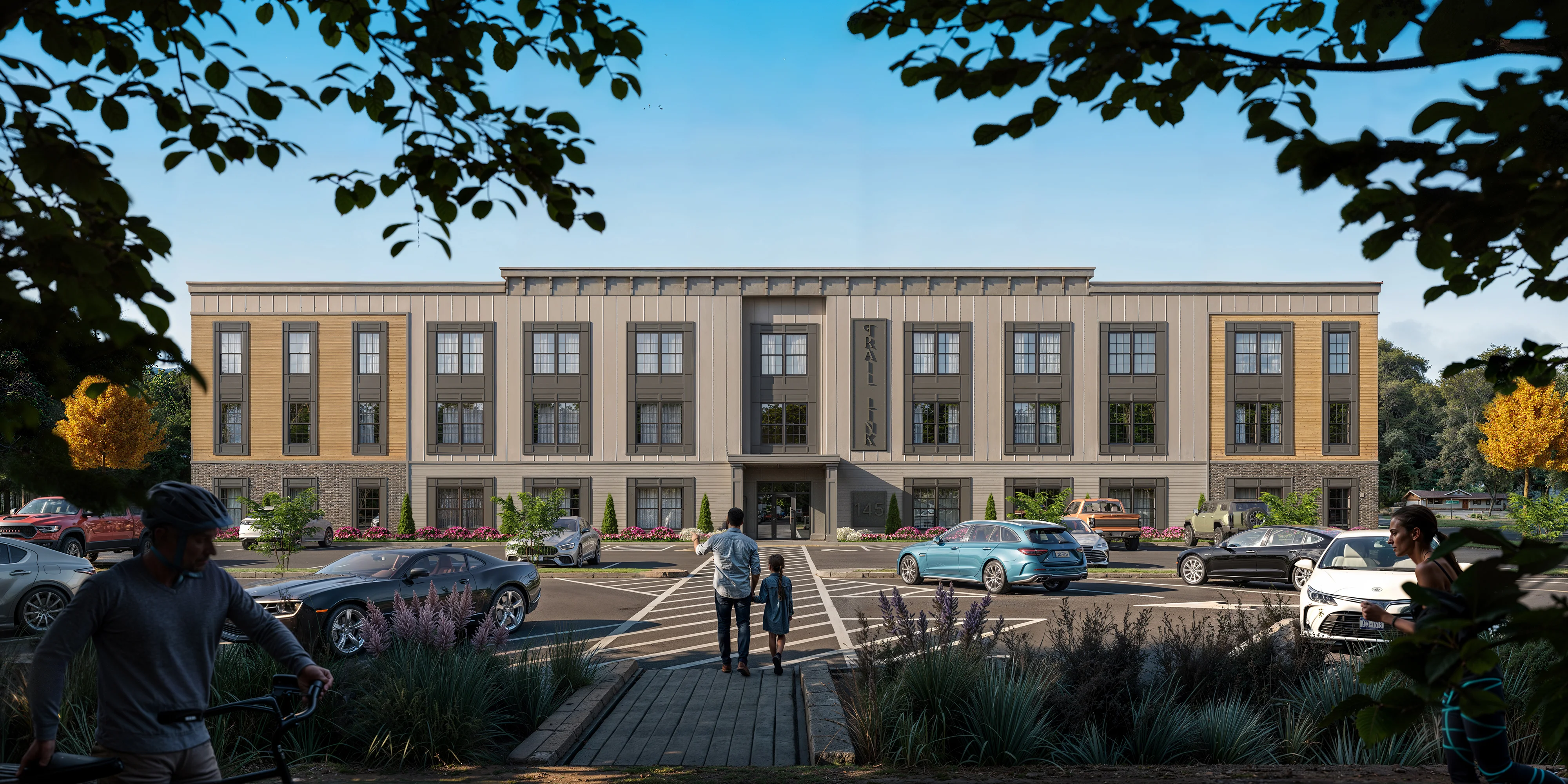A contemporary office building with a symmetrical facade, parked cars, and a pedestrian entry shown in 3D rendering.
