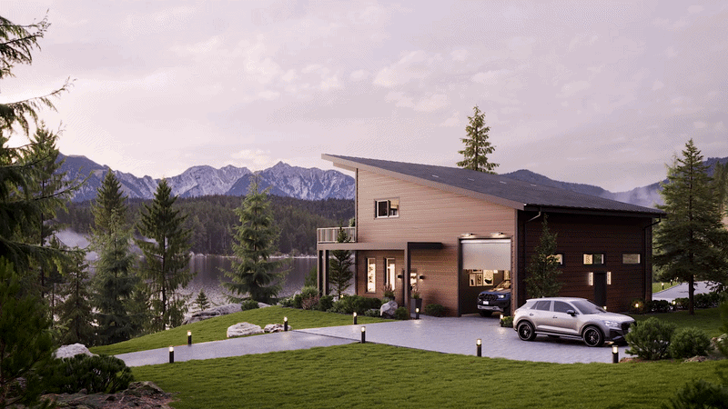 Architectural animation of a modern lakeside house with a sloped roof, mountain backdrop, and driveway with parked cars