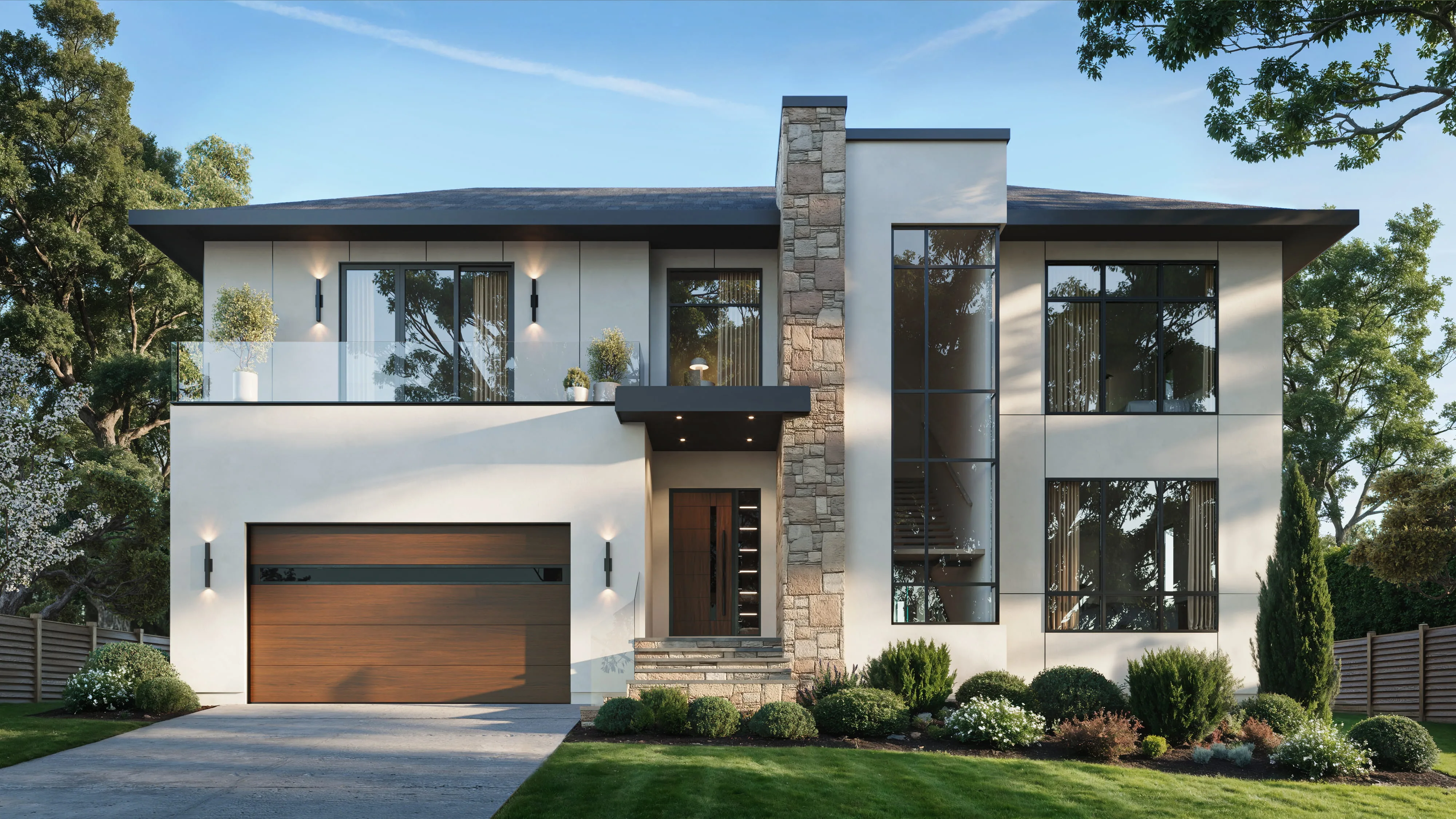 Exterior rendering of a modern luxury house with large glazing and premium finishes