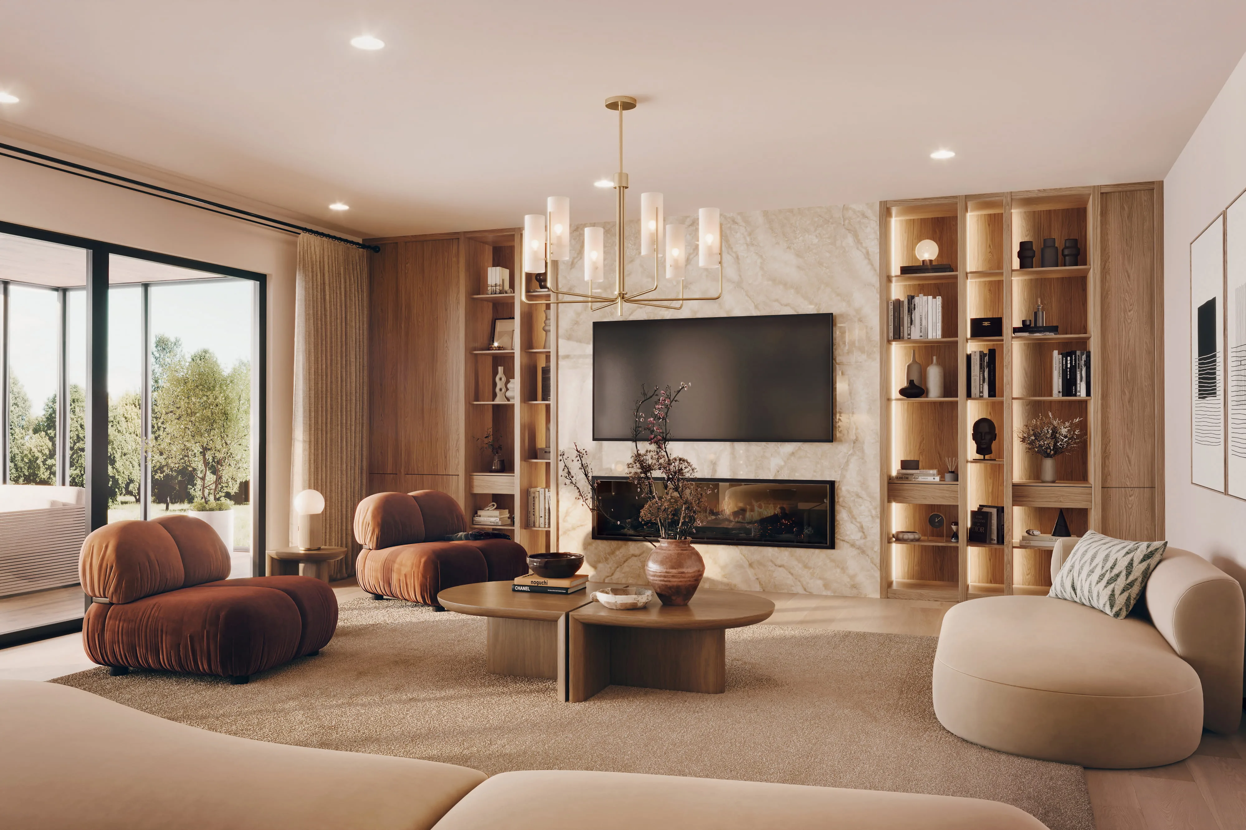 Interior rendering for a house showing family room with open layout and natural lighting
