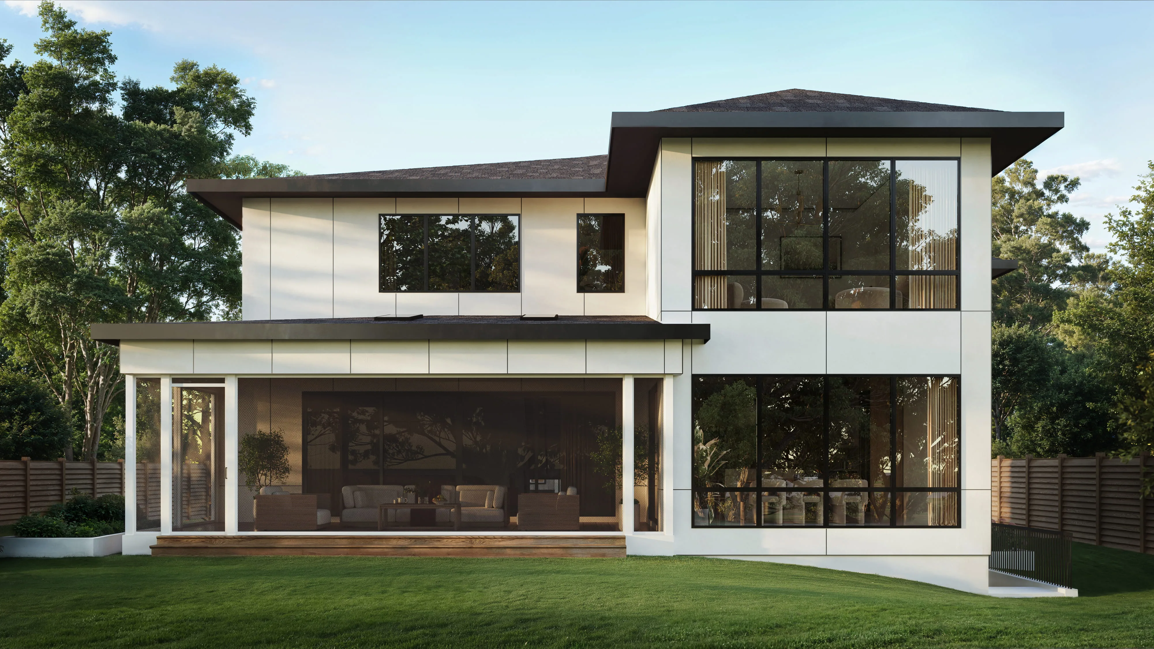 Architectural rendering showing front of a modern residential house