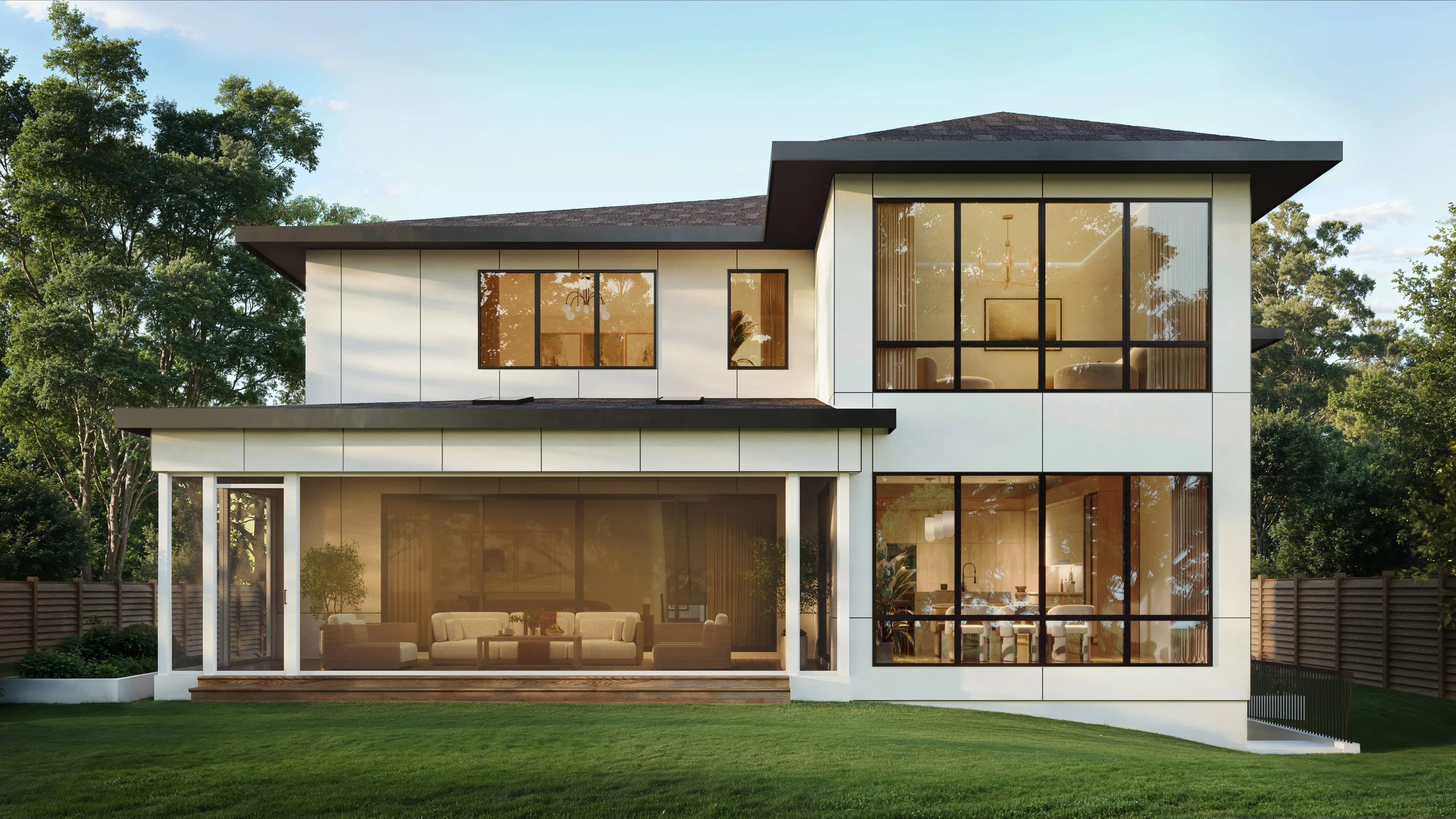 Architectural rendering showing front elevation of a modern residential house