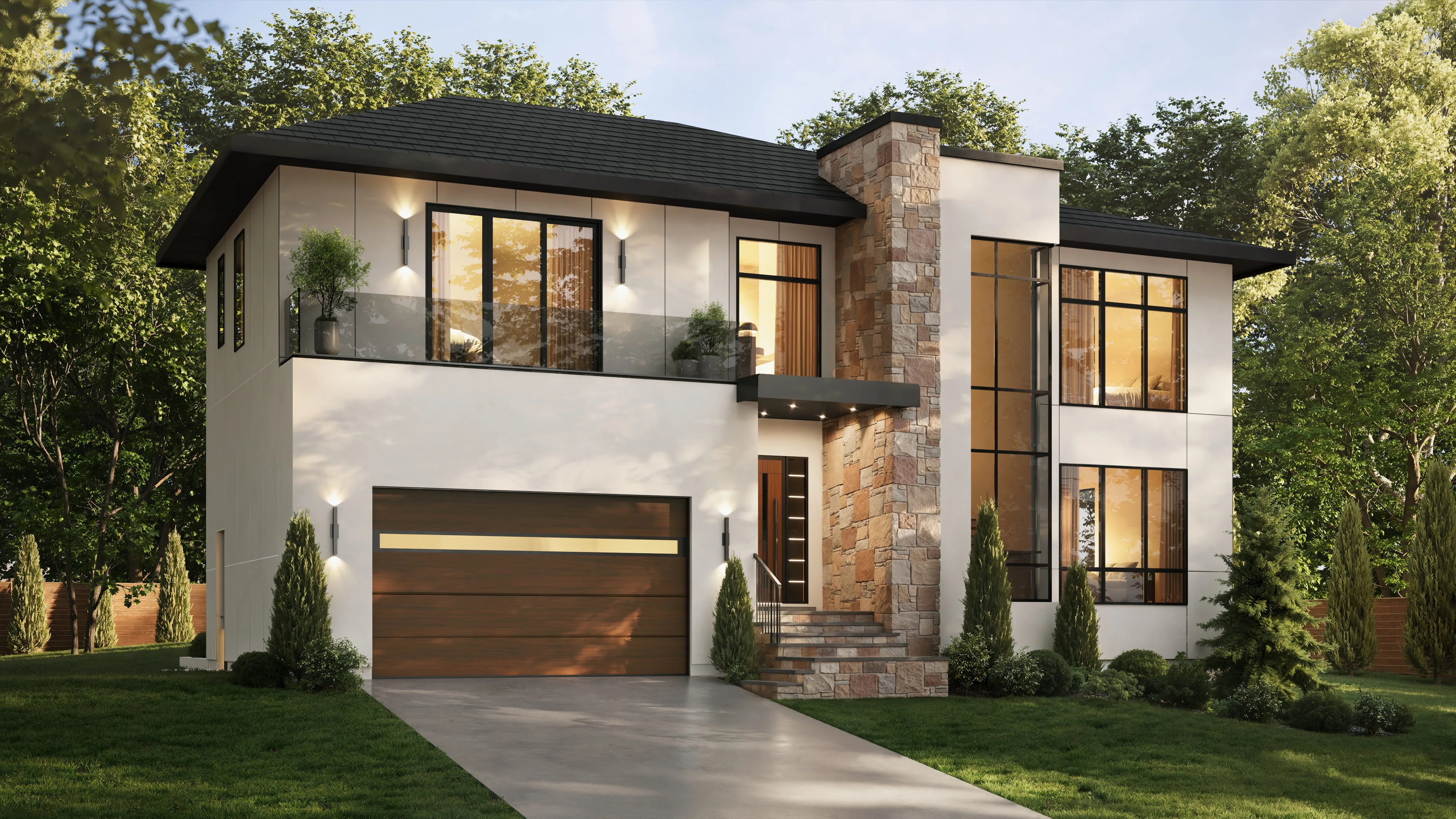 Exterior rendering of a contemporary residential house with clean geometry and neutral palette
