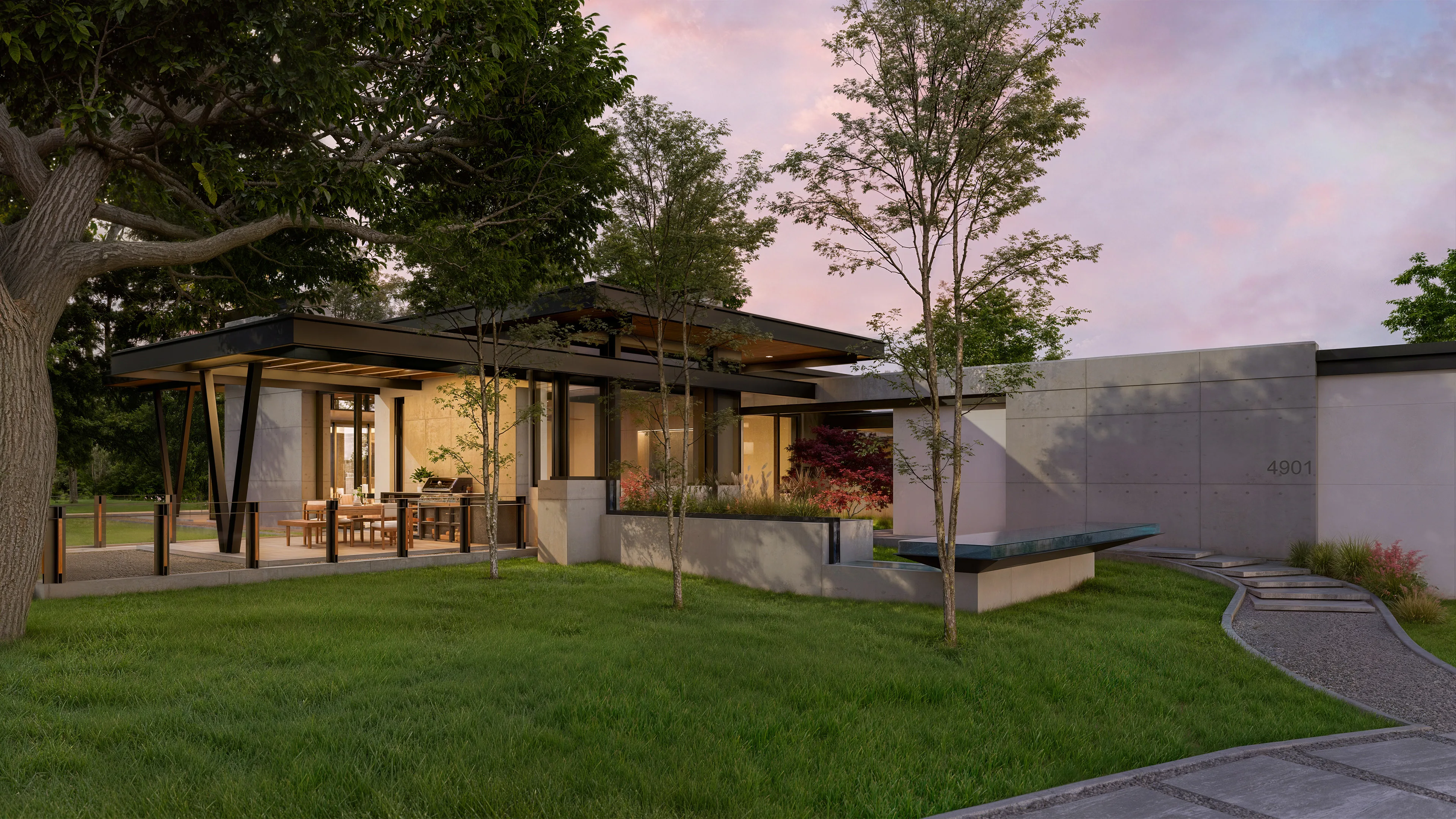 A contemporary residence with warm interior lighting, flat roofs, and a landscaped yard in a dusk 3D visualization.
