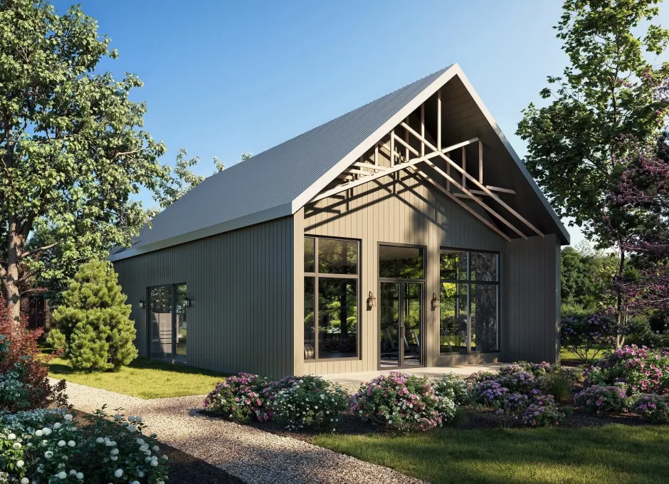 A compact dark clad cabin with a steep roof and tall glazing sits among trees in a clean 3D render.