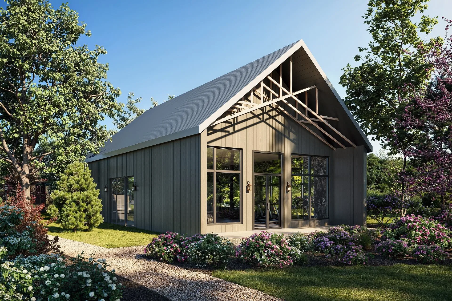 A compact dark clad cabin with a steep roof and tall glazing sits among trees in a clean 3D render.