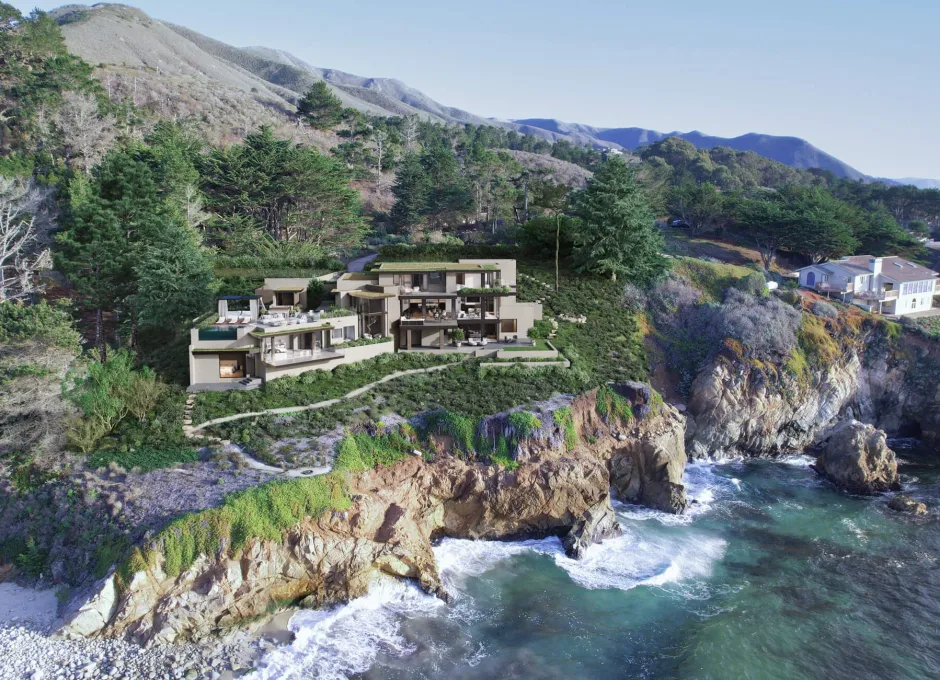 A large residence overlooks rocky cliffs and ocean waves from a dramatic coastal site in a refined 3D visualization.