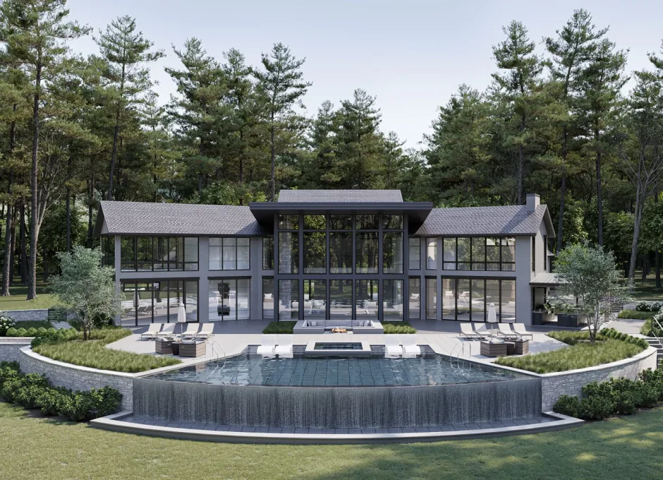 A glass fronted villa with a broad terrace and circular pool feature stands in a forest clearing in 3D rendering.