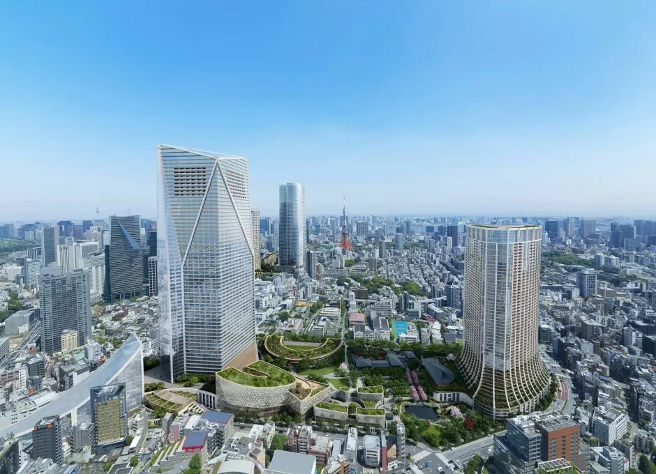 Two tall towers rise above a dense city skyline with surrounding podium buildings in a polished 3D render.