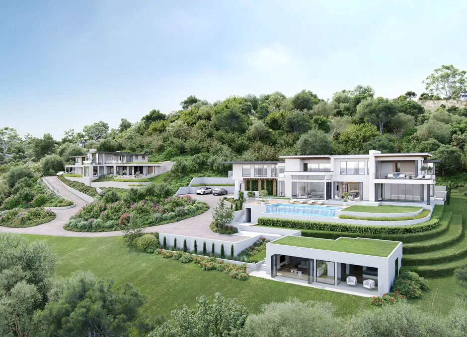 Several modern villas are spread across a landscaped hillside with curved roads in a bright 3D rendering.