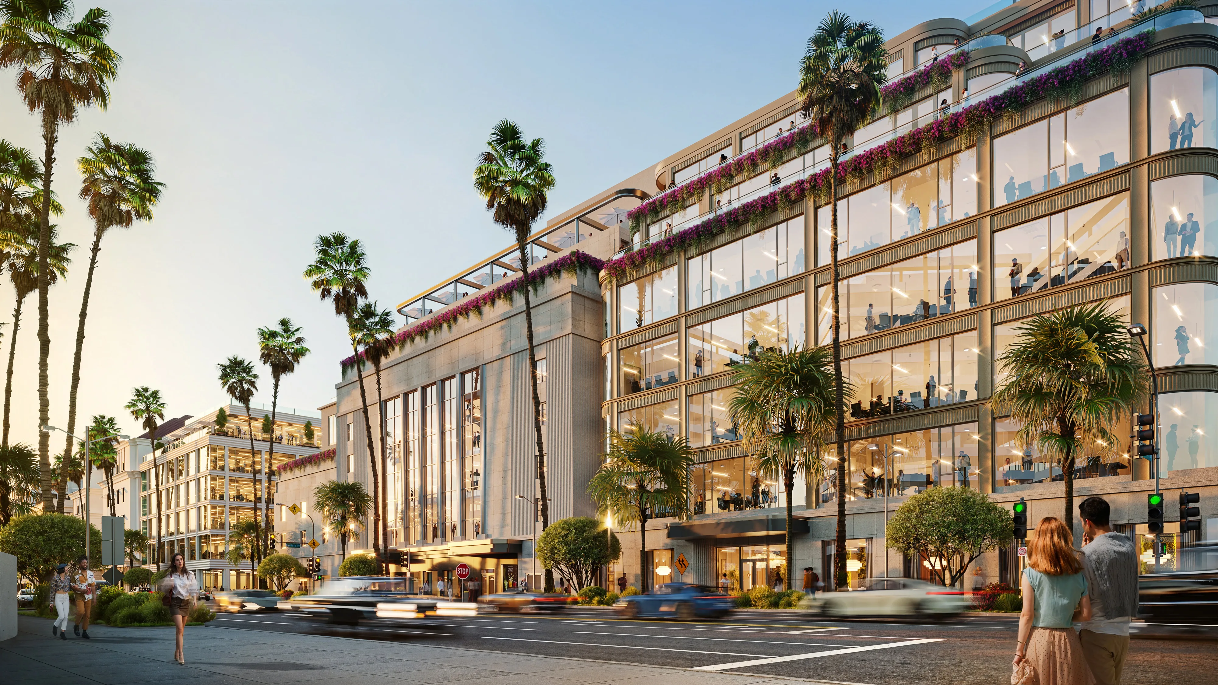 A tall mixed-use building with glass facades, palm trees, and active street level frontage in a detailed 3D render.
