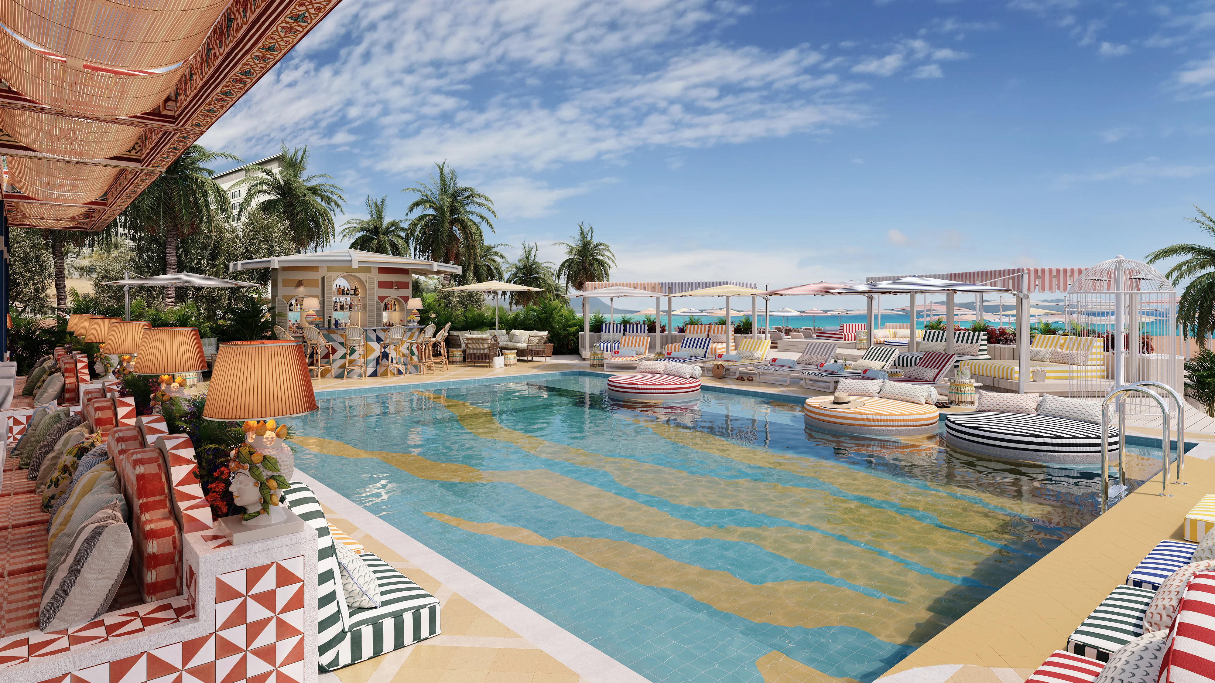A rooftop pool deck with striped loungers, shaded dining, and wide water views created as a vibrant 3D render.
