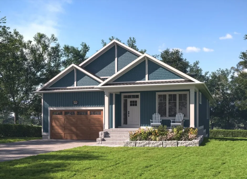 A detached suburban house with a garage, front steps, and gabled roof stands on a grassy plot in 3D visualization.