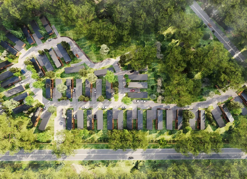 An aerial masterplan shows rows of townhouses winding through dense greenery in a detailed 3D visualization.