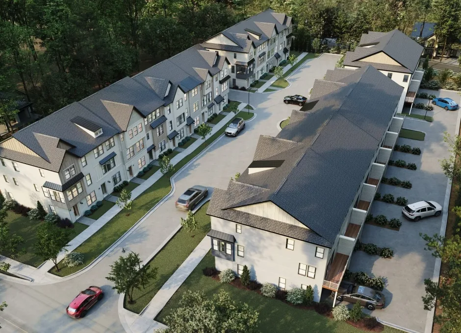 A row of attached townhouses lines a quiet residential street with trees and parked cars in a realistic 3D render.