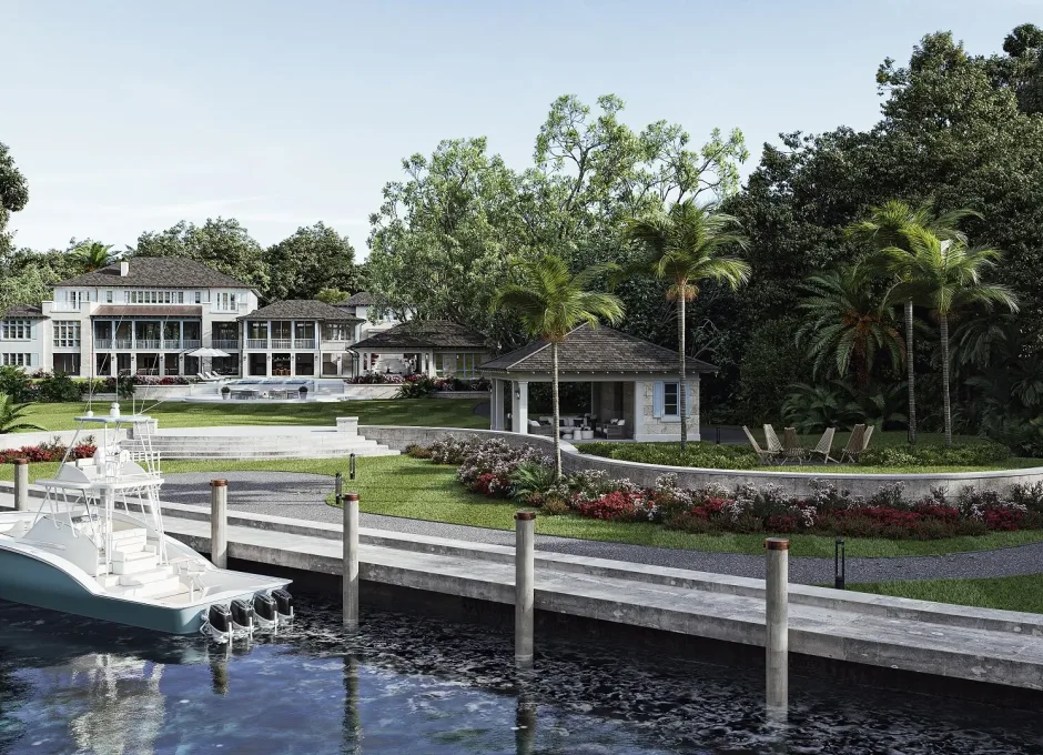 A large waterfront estate with a private dock, boat, and landscaped grounds is shown in elegant 3D visualization.