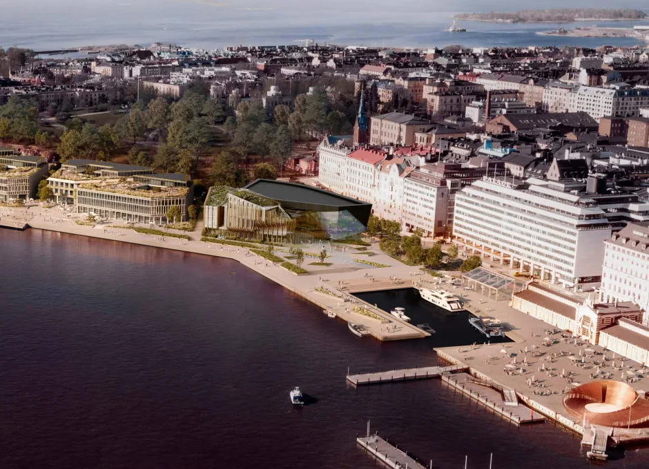 A waterfront architectural complex stretches along the shoreline with piers and surrounding city blocks in a wide 3D render.