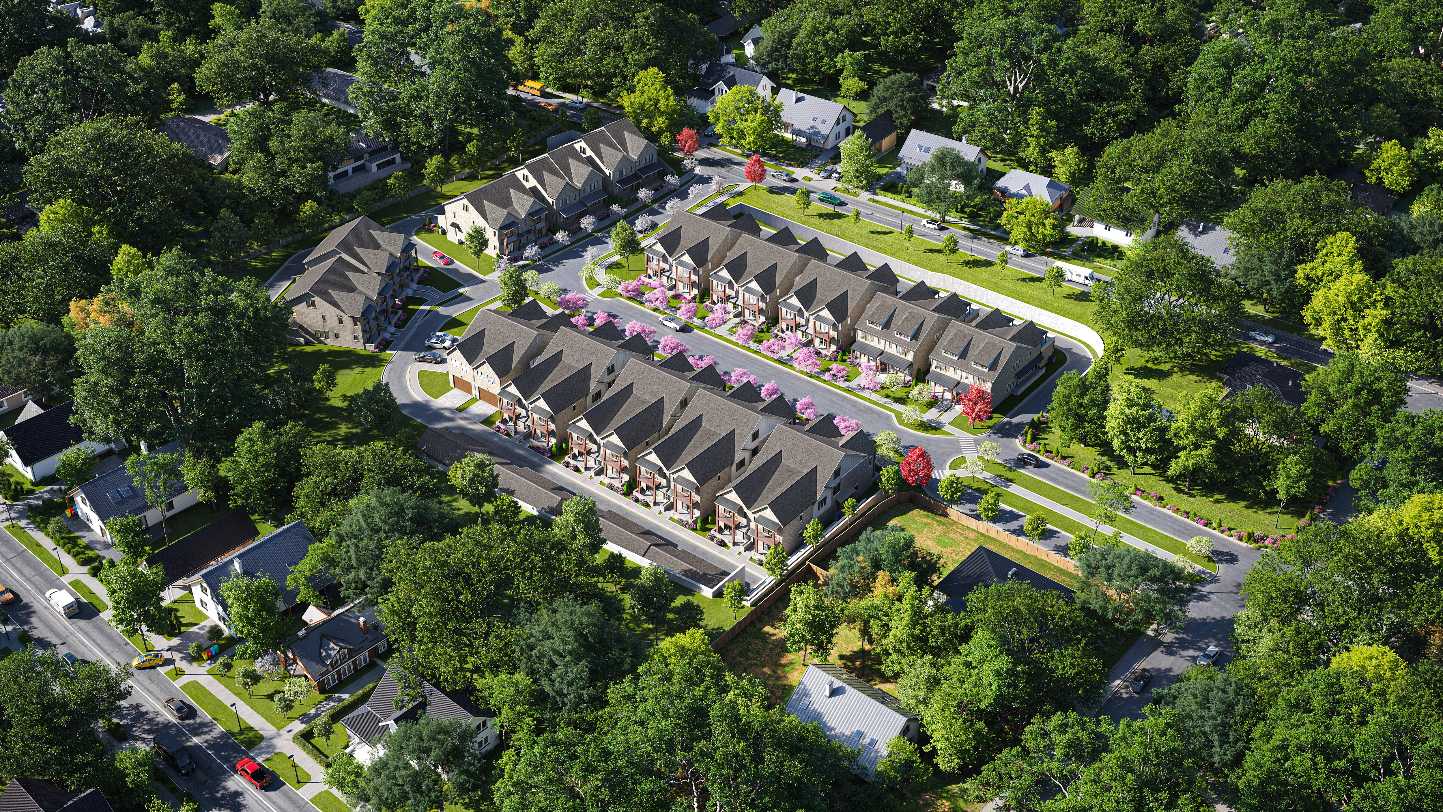An aerial view of a townhouse community with repeating rooflines, internal roads, and dense greenery in 3D visualization.

