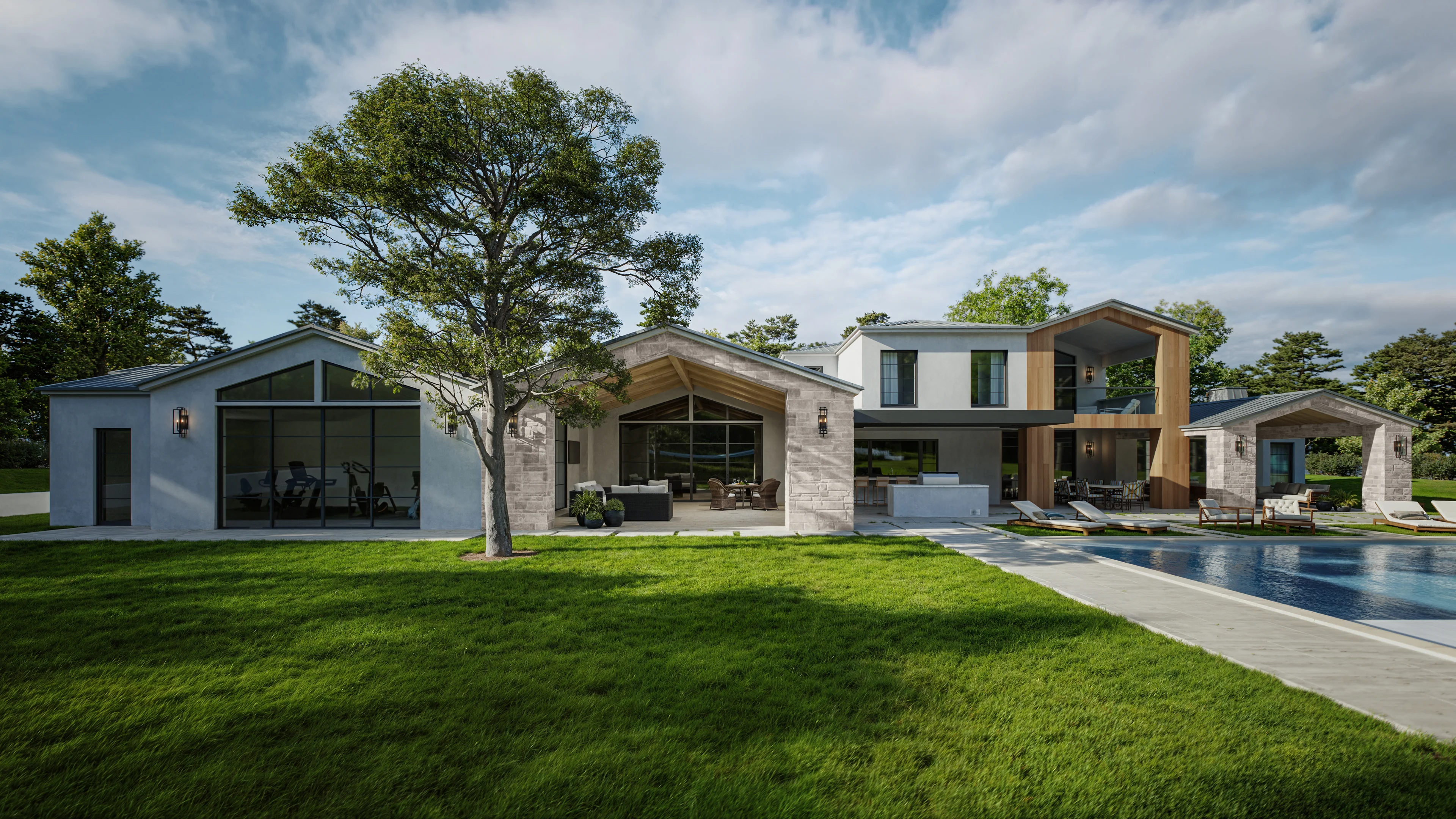 A modern villa with wide glass walls, a green lawn, and a long driveway shown in a clean 3D render.
