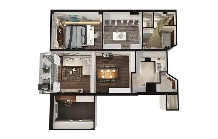 A furnished apartment floor plan 3D render with bedroom, living room, dining area, and bath