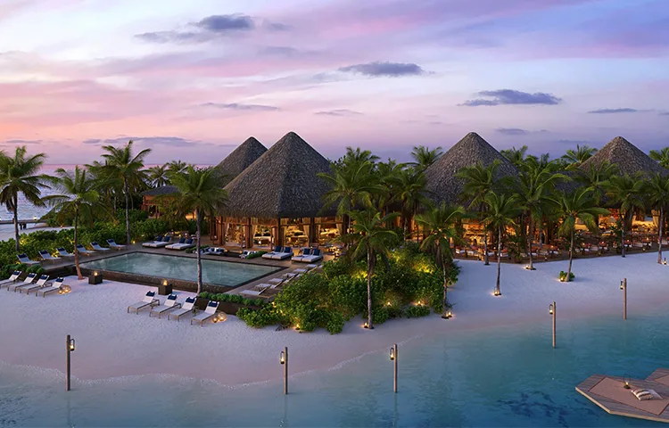 A tropical beachfront resort with thatched roofs, a pool, and palms presented in an architectural rendering
