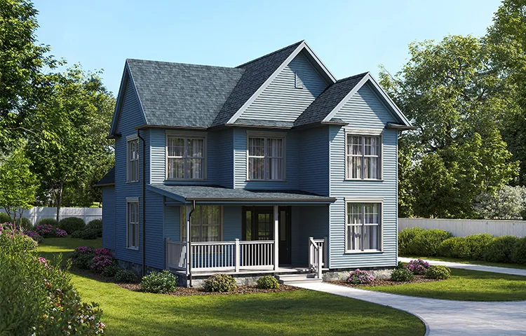 A blue detached house with a porch, lawn, and surrounding trees in an architectural 3D visualization